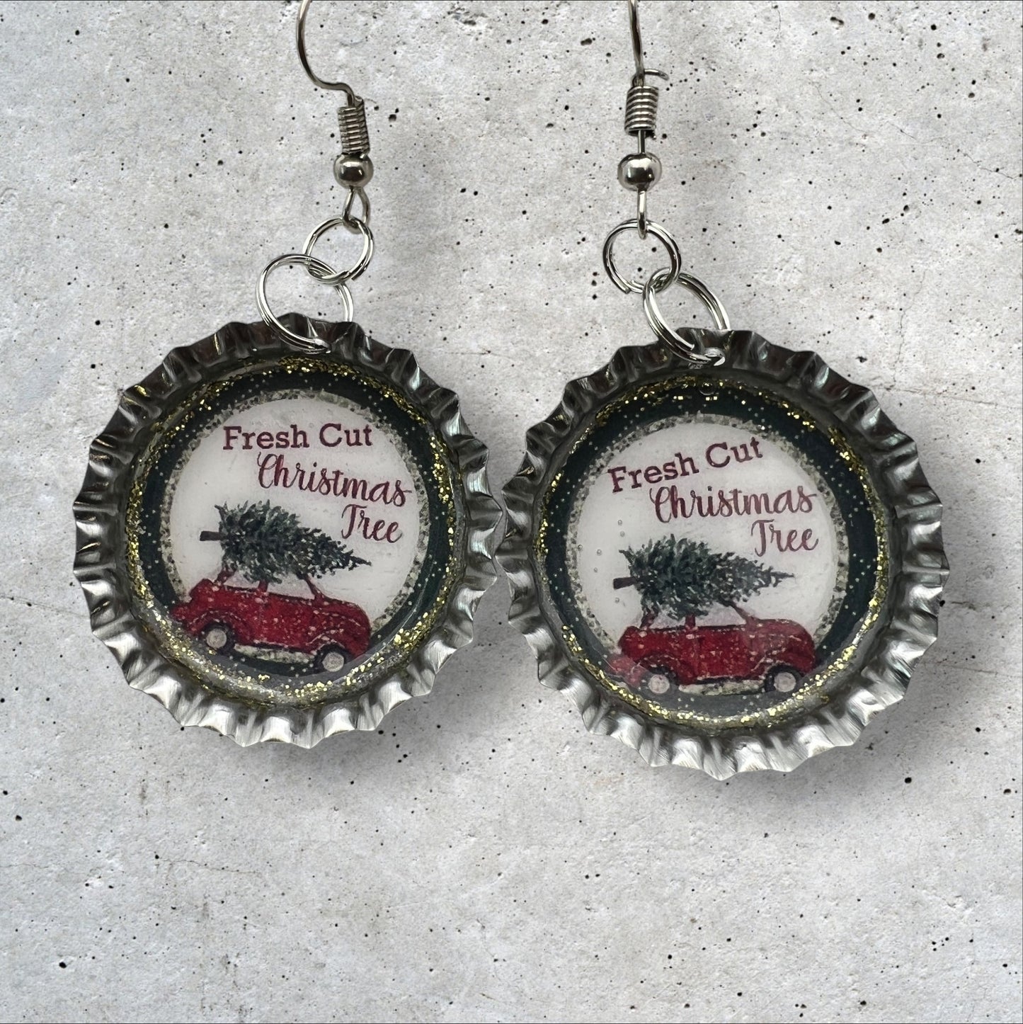 Fresh Cut Christmas Trees Bottle Cap Earrings