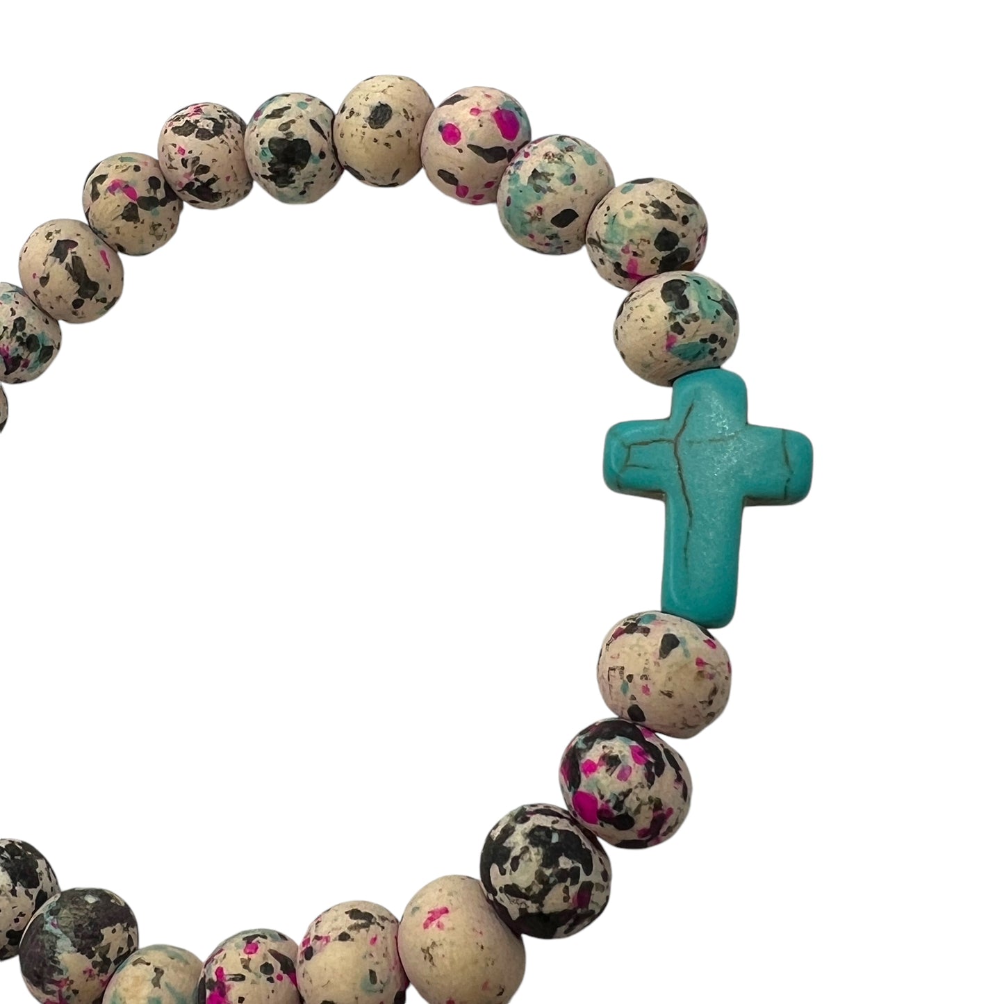 Turquoise Stone Cross Stretch Bead Bracelet