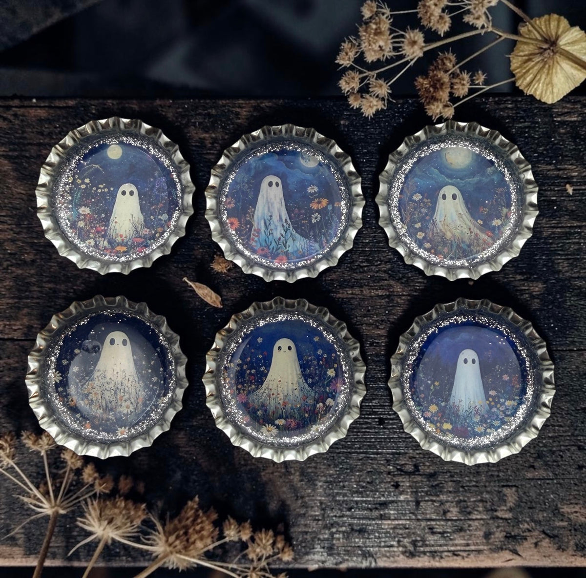 Spooky Floral Ghost Bottle Cap Magnet Set