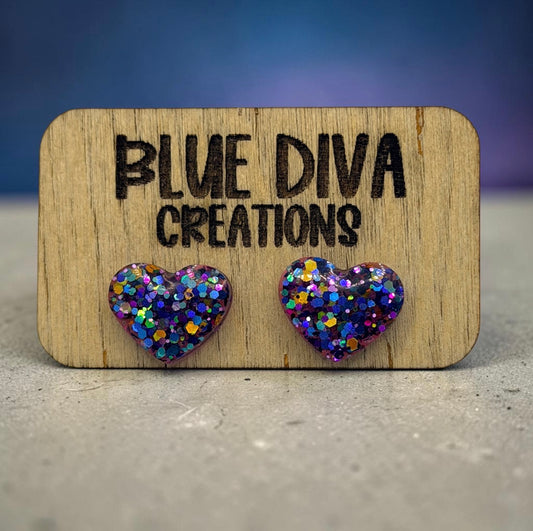 Rainbow Multicolor Glitter Heart Stud Earrings
