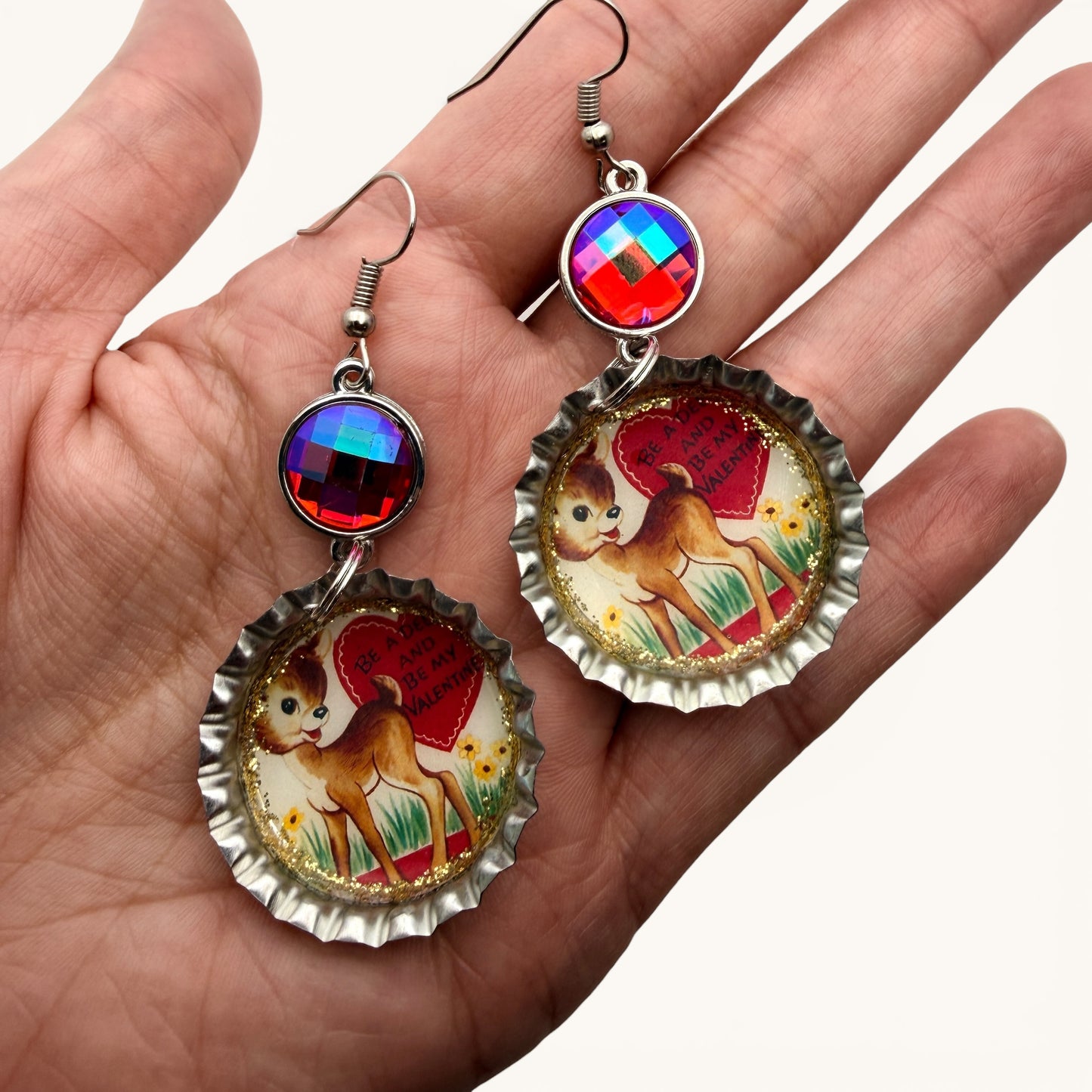 Vintage Valentine Deer Bottle Cap Dangle Earrings