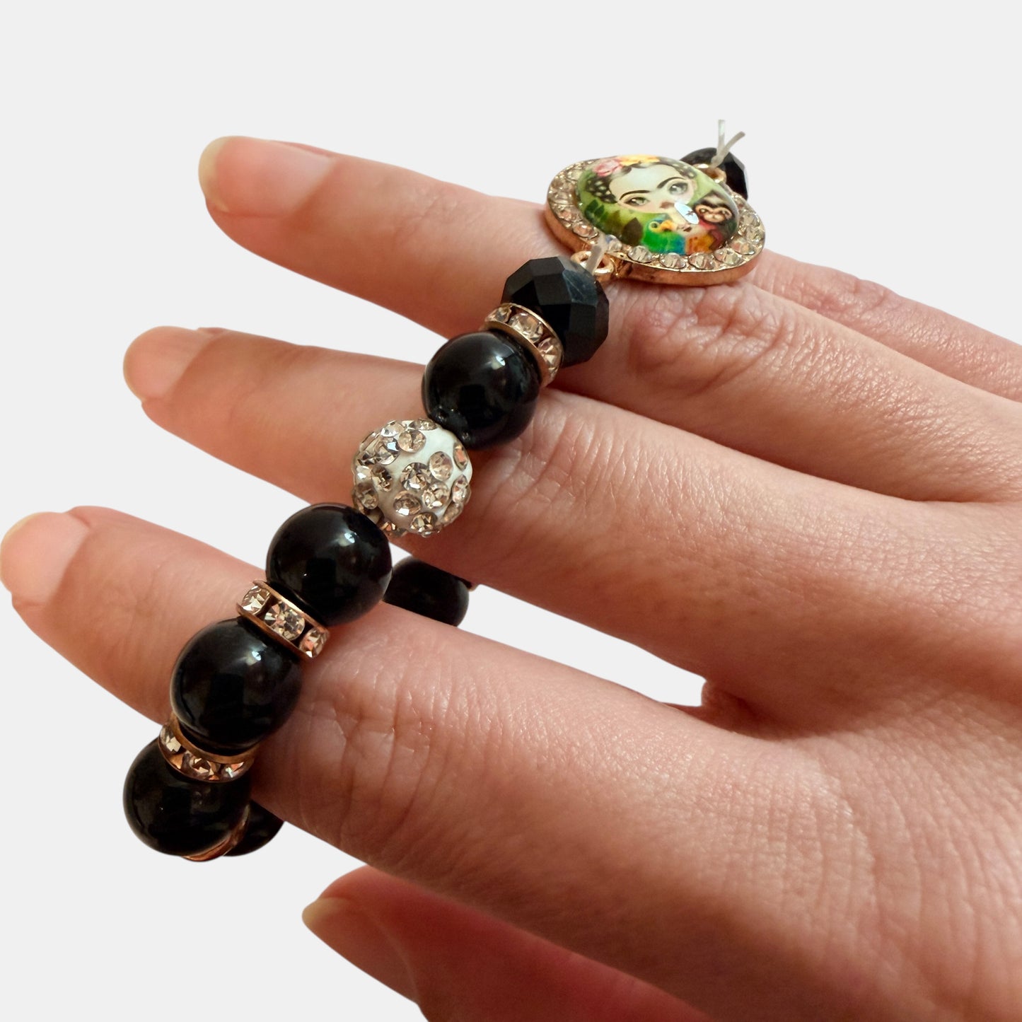 Frida Kahlo Black Beaded Stretch Bracelet Rhinestone Charm