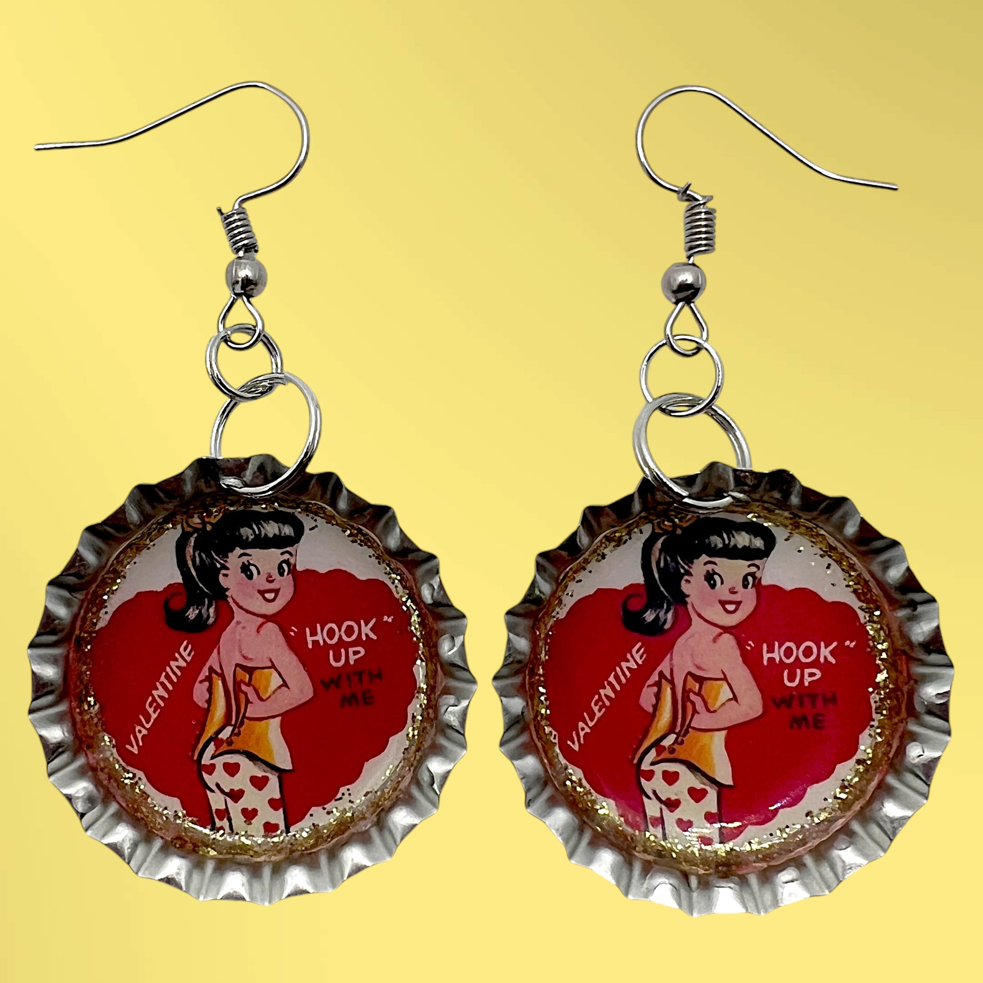 Vintage Valentine Let’s Hook Up Bottle Cap Earrings, Retro Jewelry