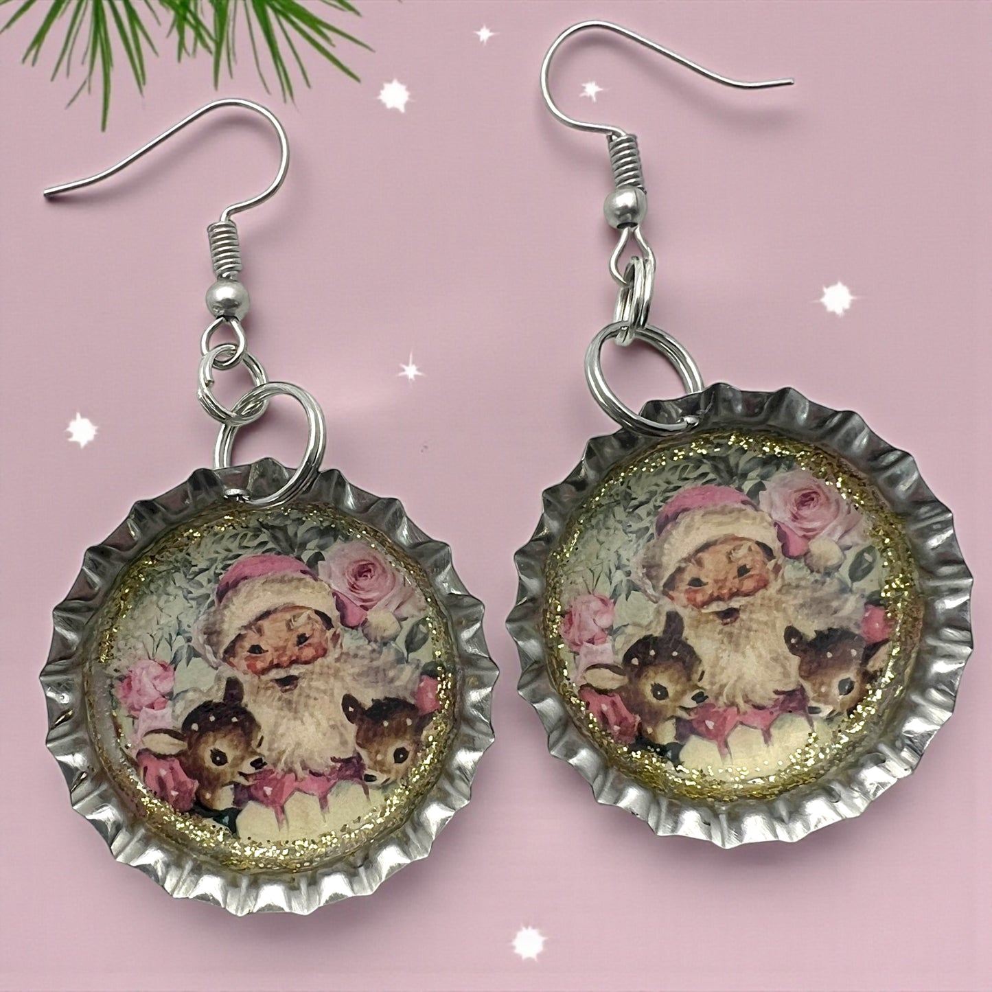 Pink Santa & Reindeer Bottle Cap Earrings