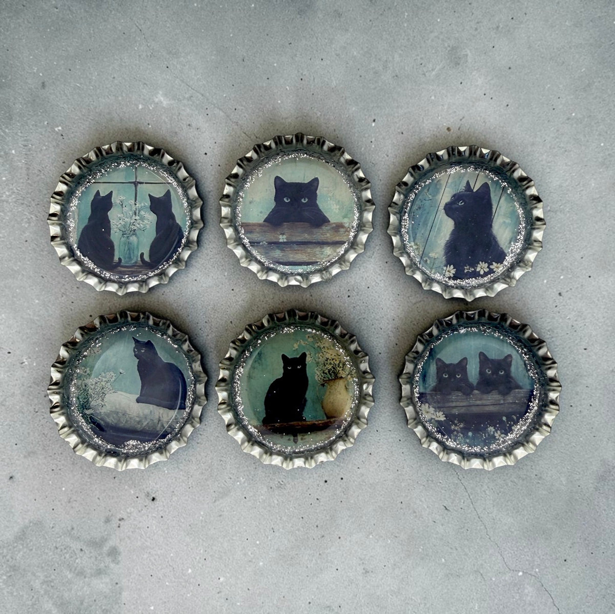 Vintage Black Cat Bottle Cap Magnets