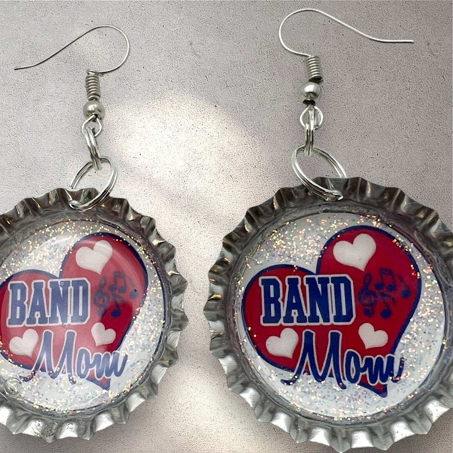 Blue & Red Band Mom Bottle Cap Earrings – Glitter Heart Music Note Dangle Jewelry