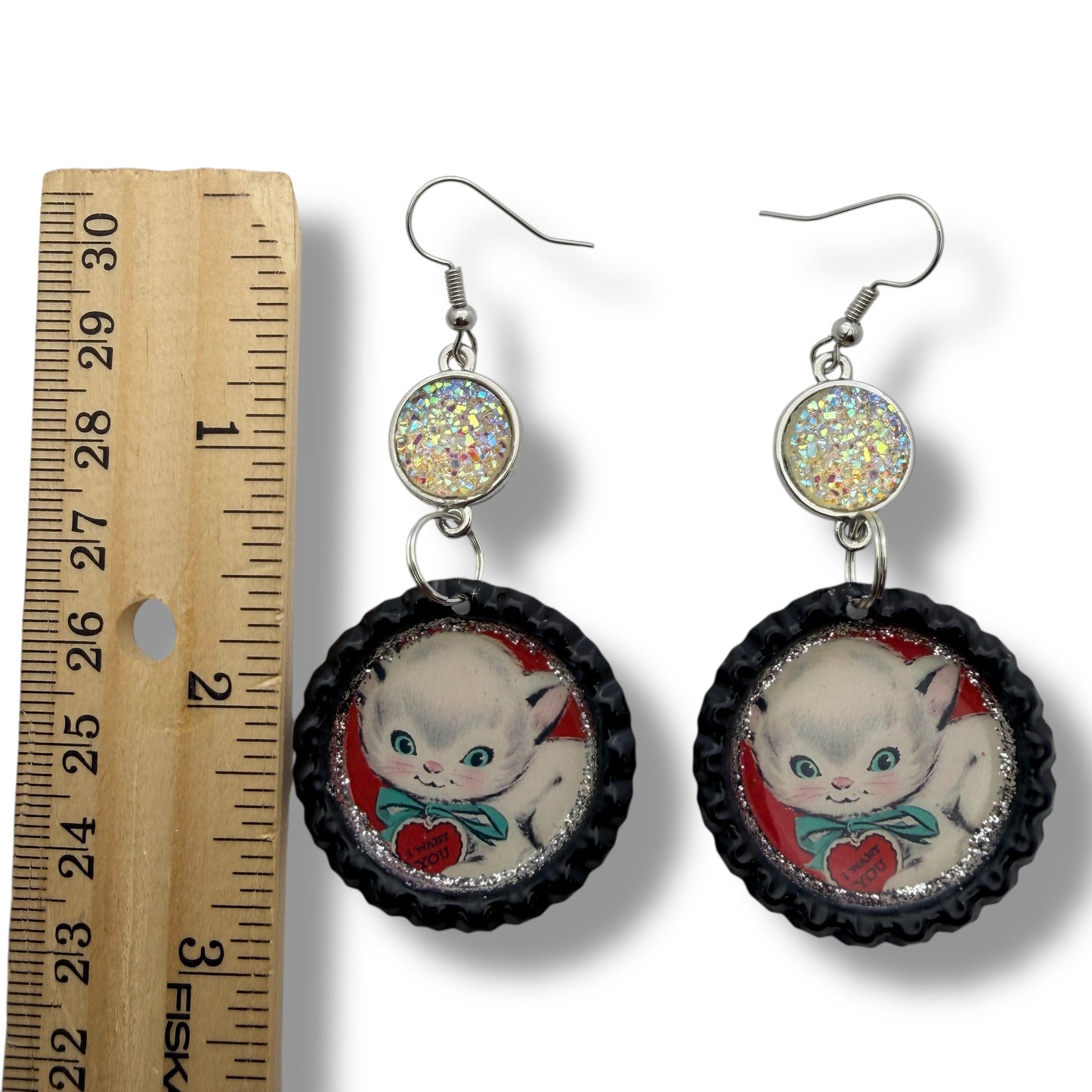 Vintage Valentine Kitten Upcycled Bottle Cap Dangle Earrings