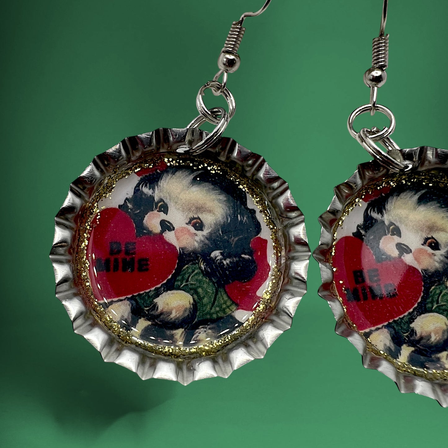 Vintage Valentine Puppy Bottle Cap Earrings