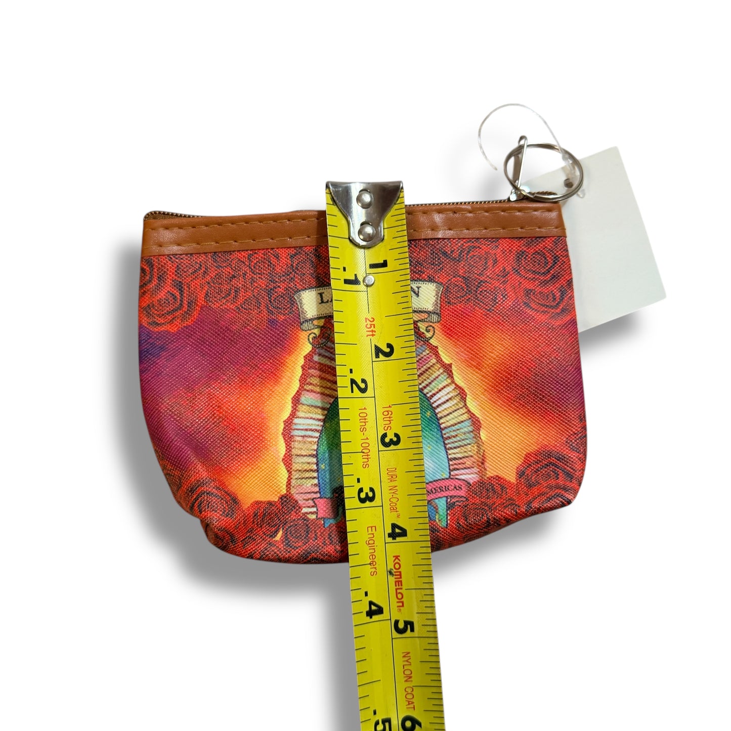 Virgen de Guadalupe Coin Pouch Zip Wallet with Keyring – Red Rose Design
