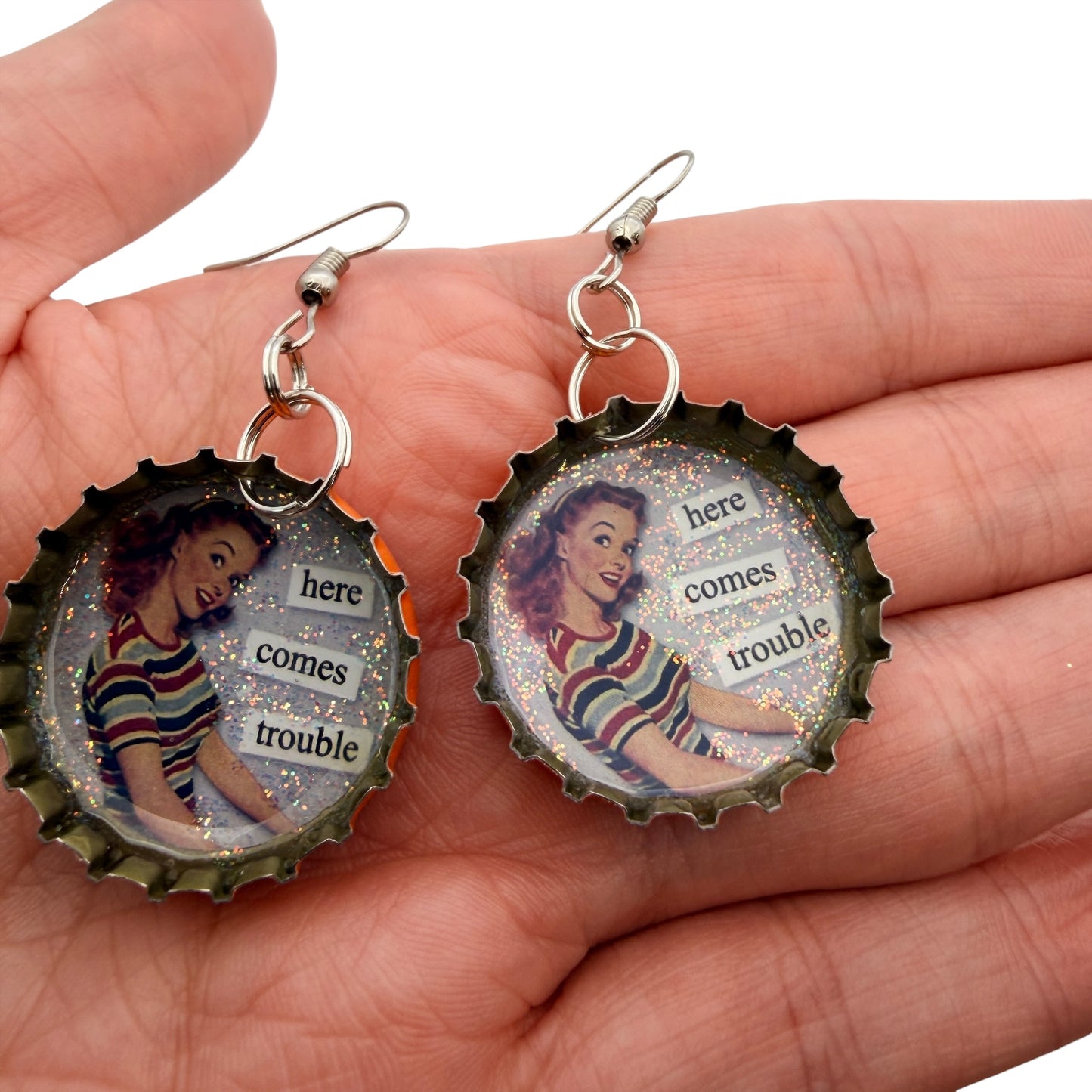 Retro Pin Up Bottle Cap Earrings – Rockabilly Statement Jewelry
