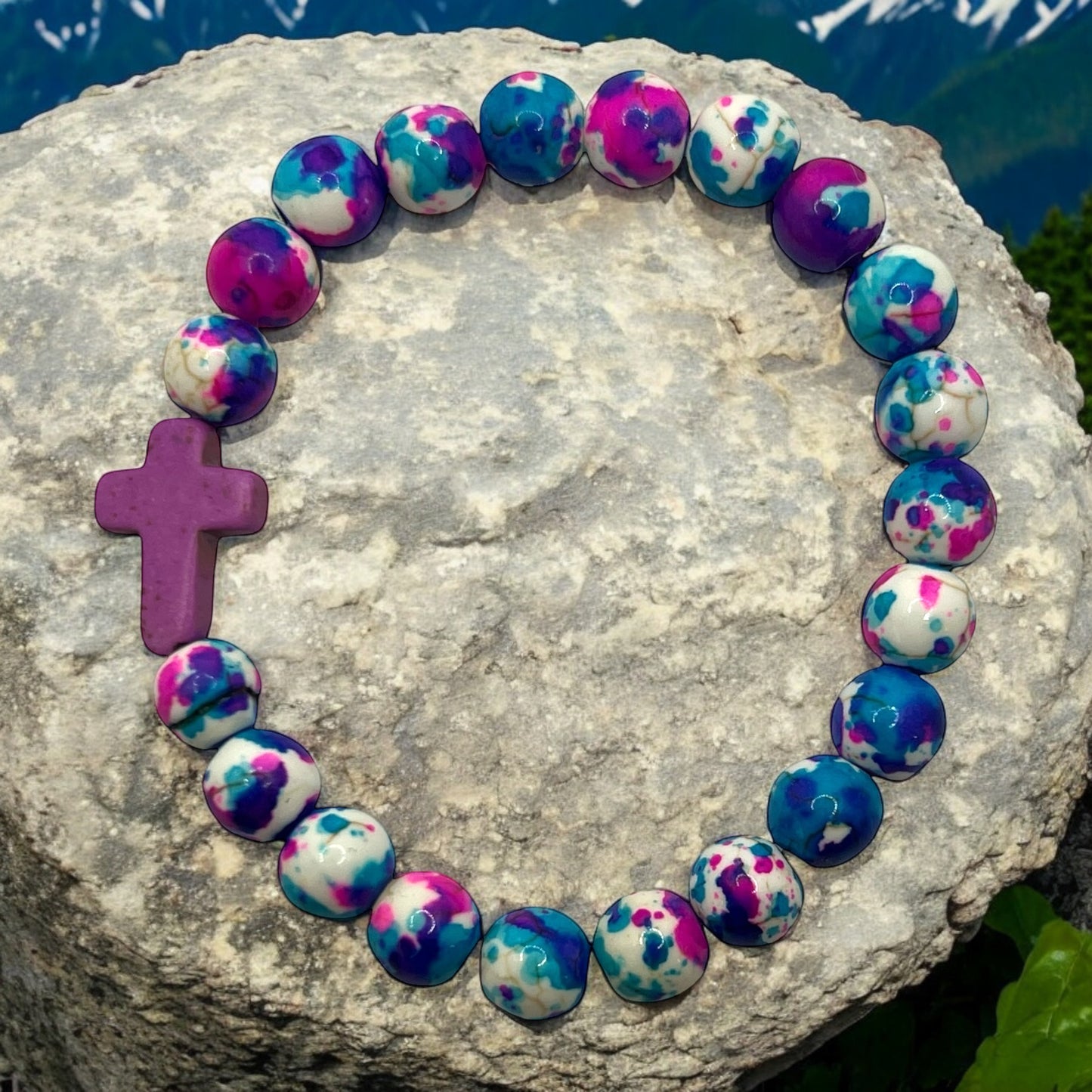 Purple Stone Cross Stretch Bead Bracelet