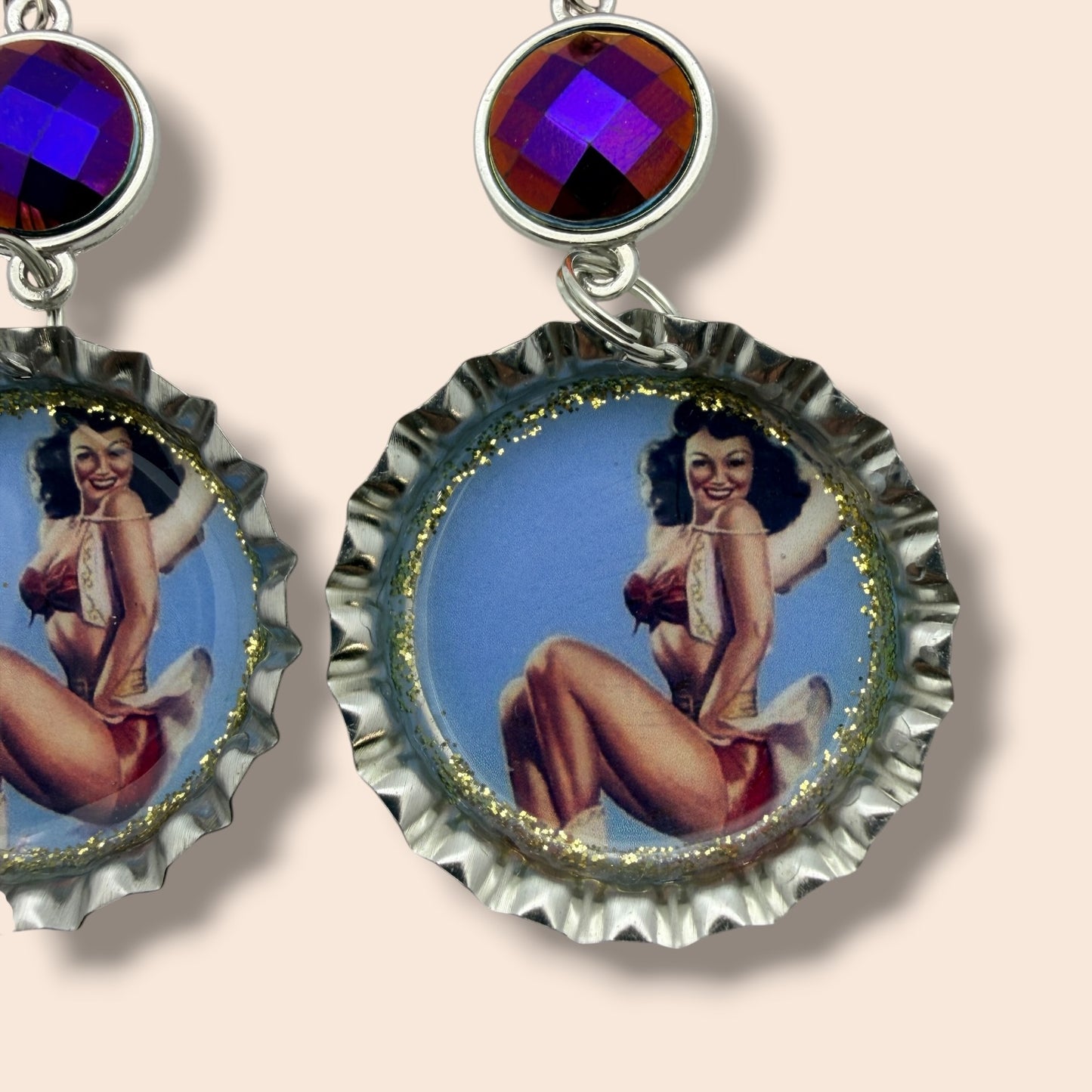 Cowgirl Pinup Bottle Cap Earrings