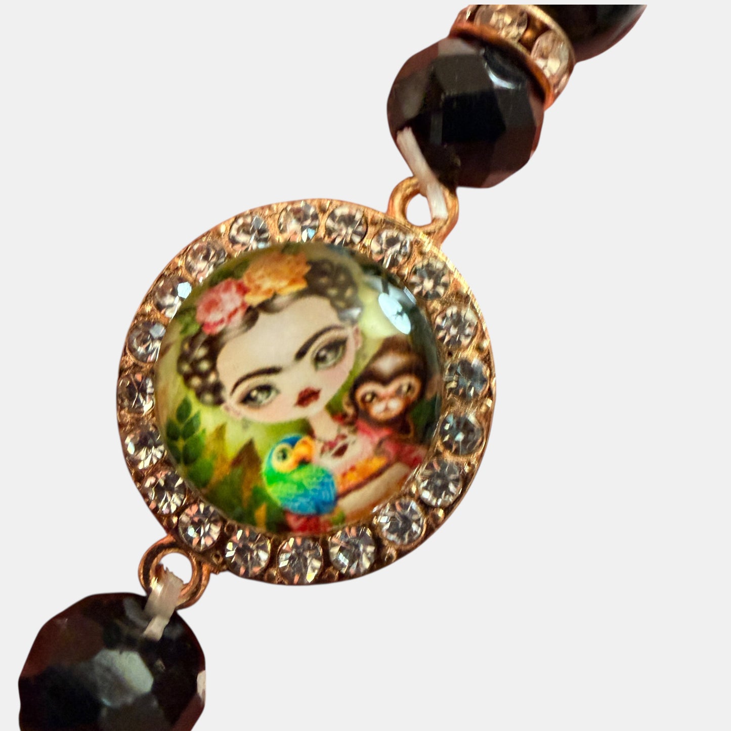 Frida Kahlo Black Beaded Stretch Bracelet Rhinestone Charm