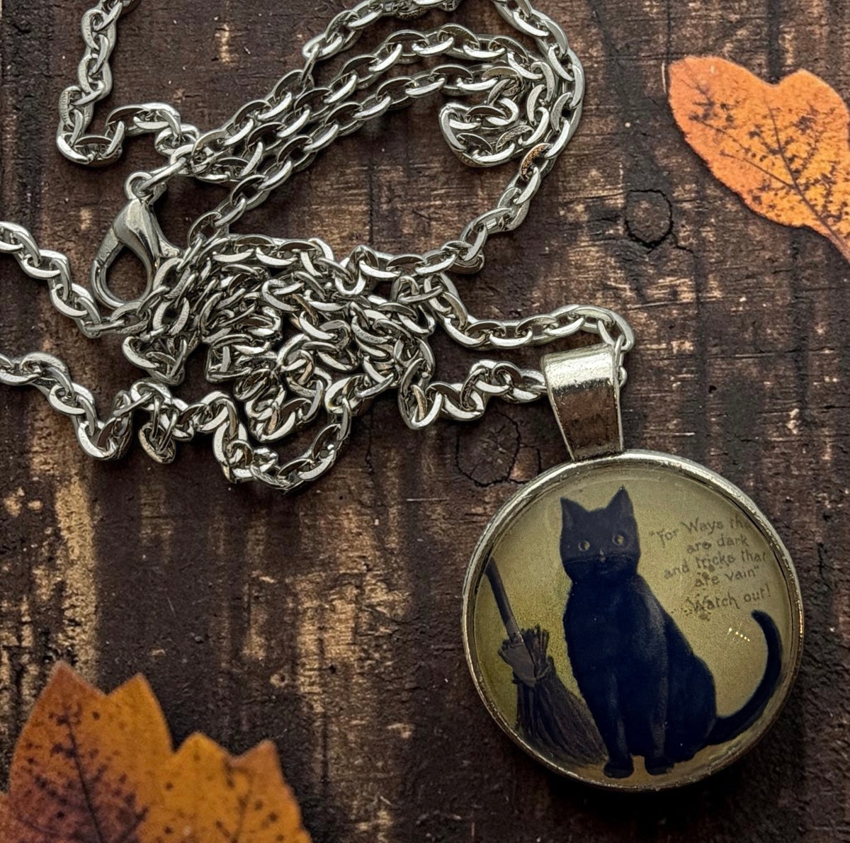 Black Cat Witch Necklace – Vintage Halloween Pendant, 24” Chain