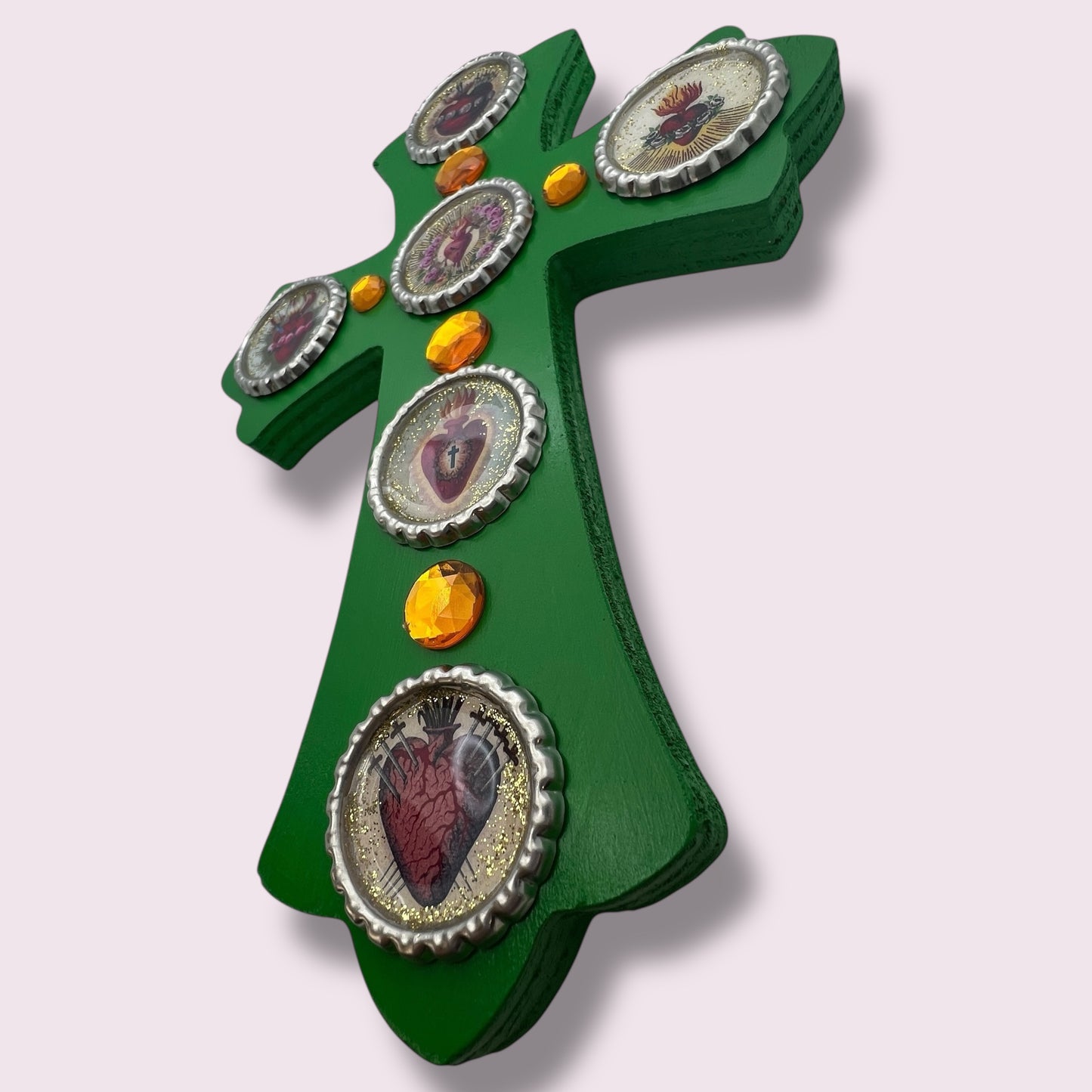 Sacred Heart Wooden Cross – 8” Green Folk Art Cross with Bottle Cap Resin Images & Rhinestones