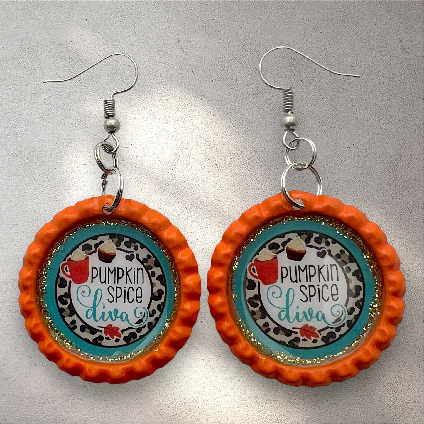 Pumpkin Spice Diva Earrings – Fall Coffee Lover Bottle Cap Jewelry