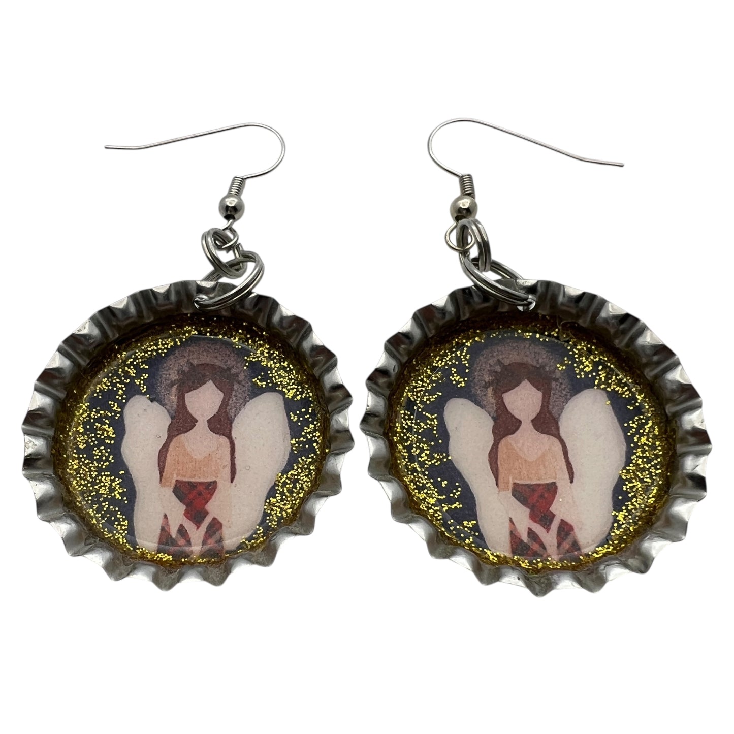 Angel Bottle Cap Earrings – Gold Glitter Resin Guardian Angel Dangle Earrings