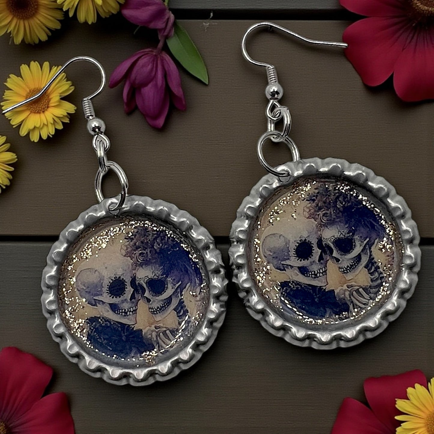Skeleton Couple Bottle Cap Earrings 