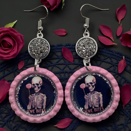 Goth “Love Bites” Skeleton Rose Druzy Bottle Cap Earrings