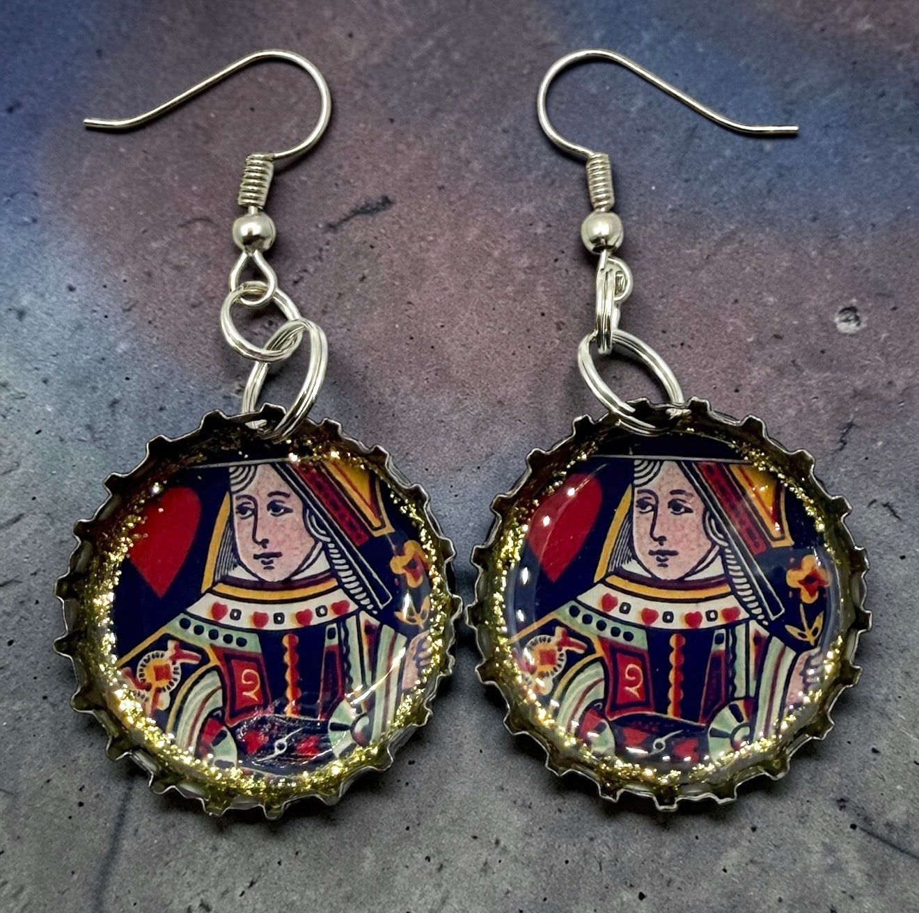 Upcycled Shiner Bottle Cap Queen of Hearts Earrings