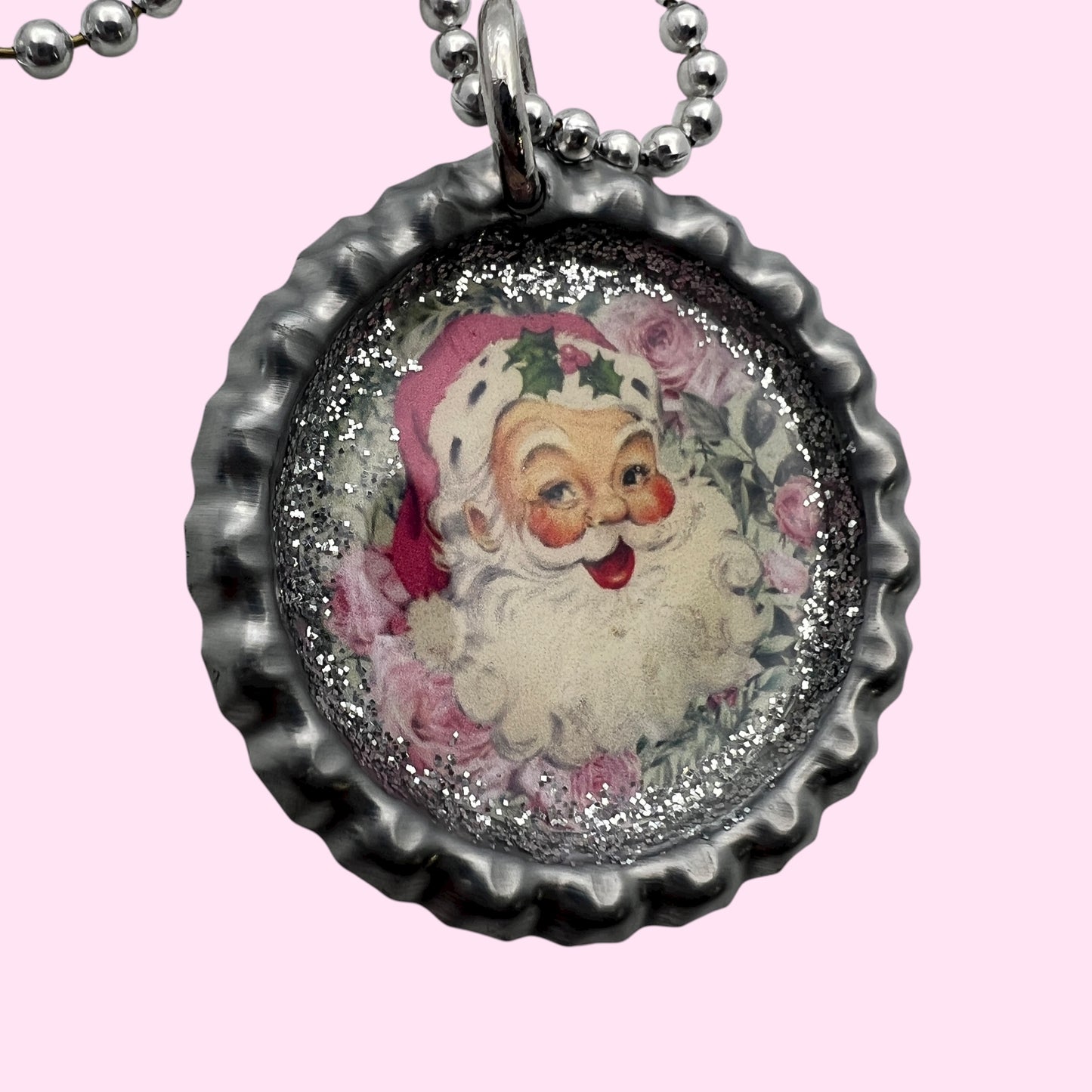Vintage Pink Santa Bottle Cap Necklace