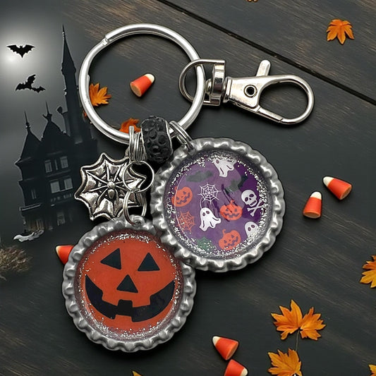 Halloween Bottle Cap Keychain – Jack O’Lantern Pumpkin, Ghosts, Skulls & Spider Web Charms
