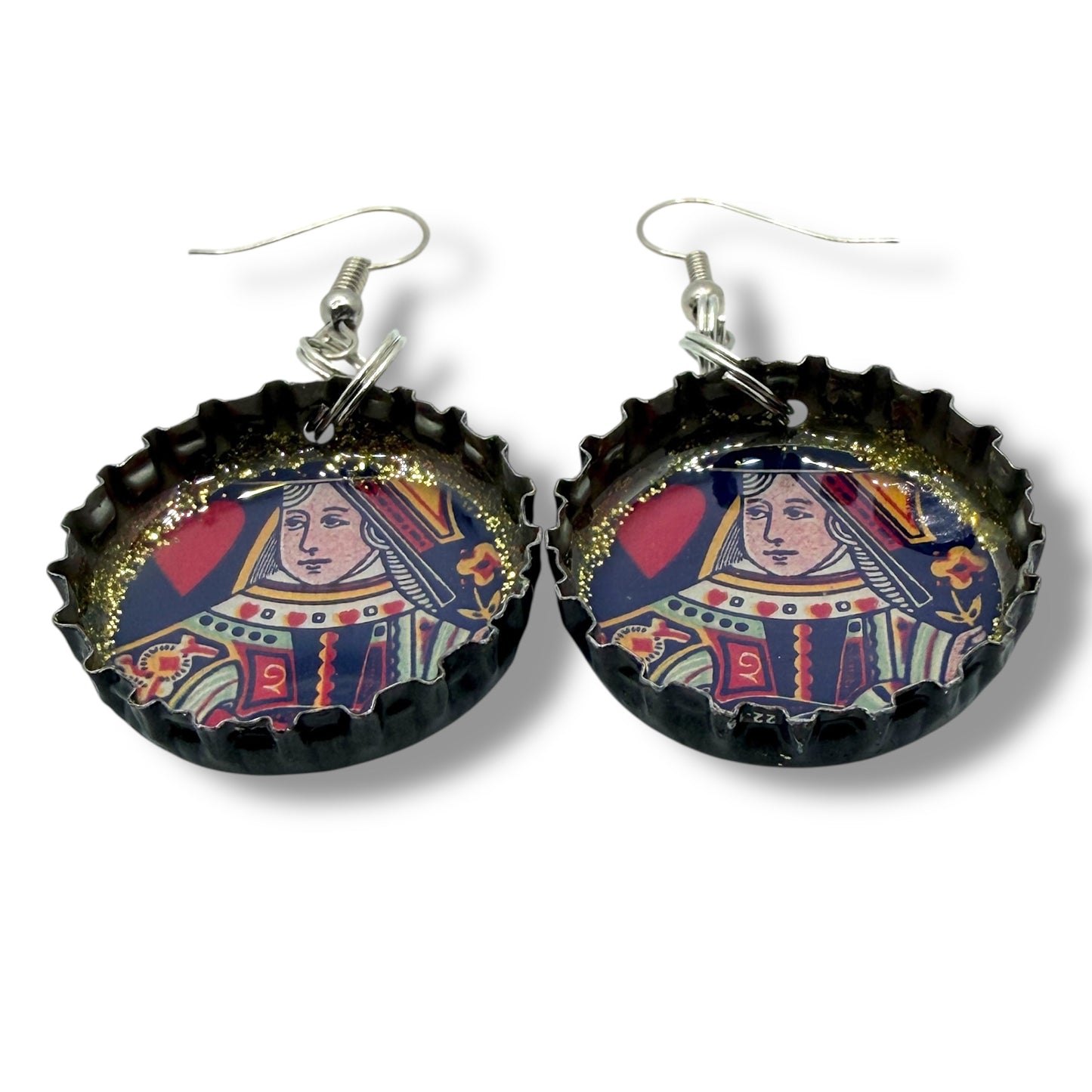 Upcycled Shiner Bottle Cap Queen of Hearts Earrings