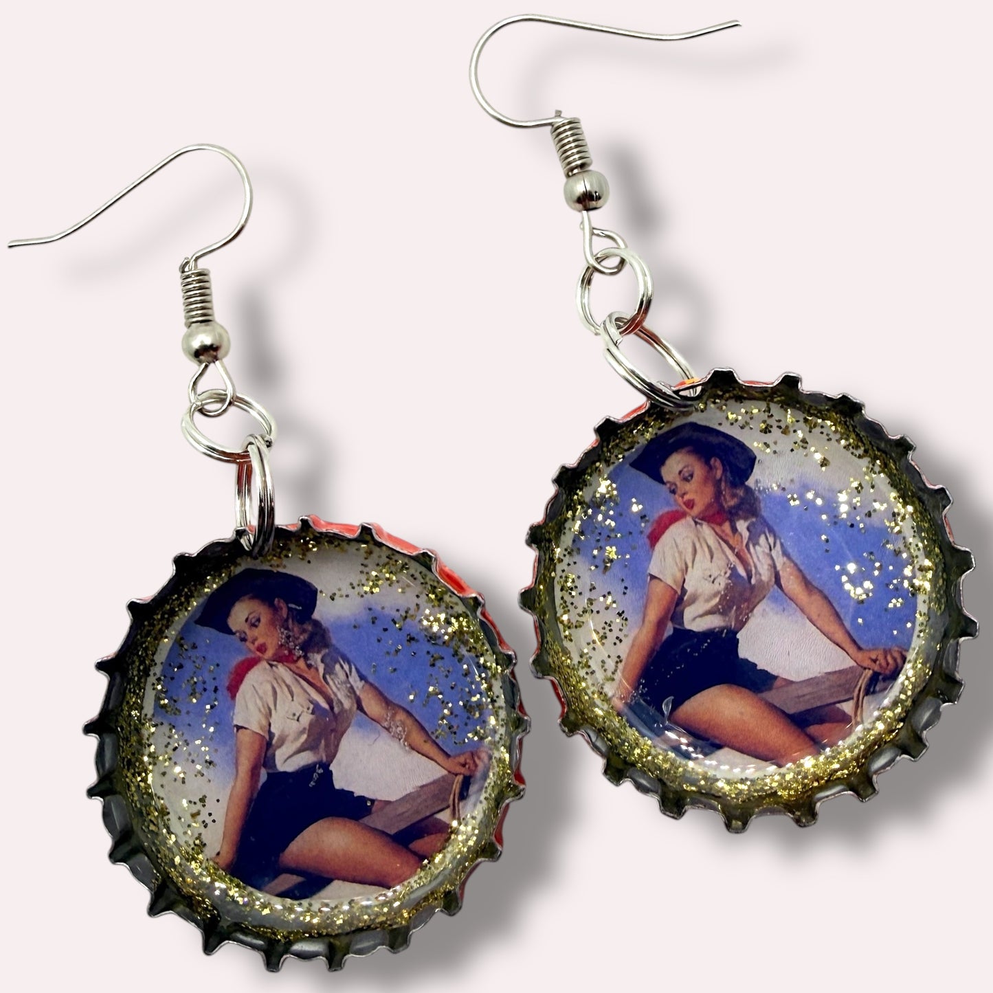 Upcycled Shiner Bock Bottle Cap Retro Cowgirl Earrings