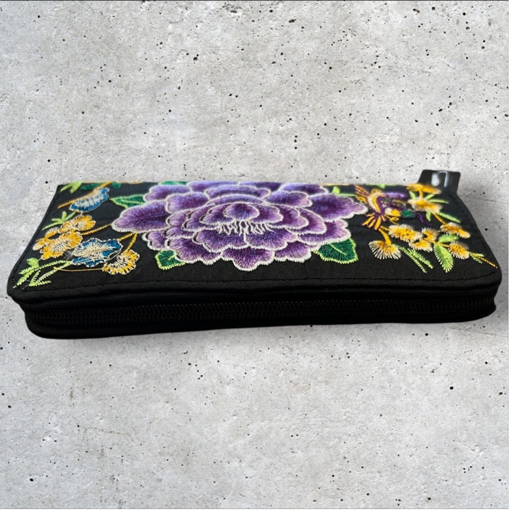 Purple Embroidered Floral Black 8x4 Zip Around Wallet