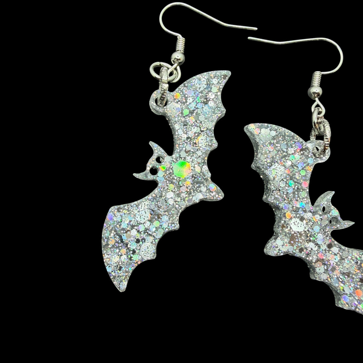 Silver Holographic Glitter Bat Earrings