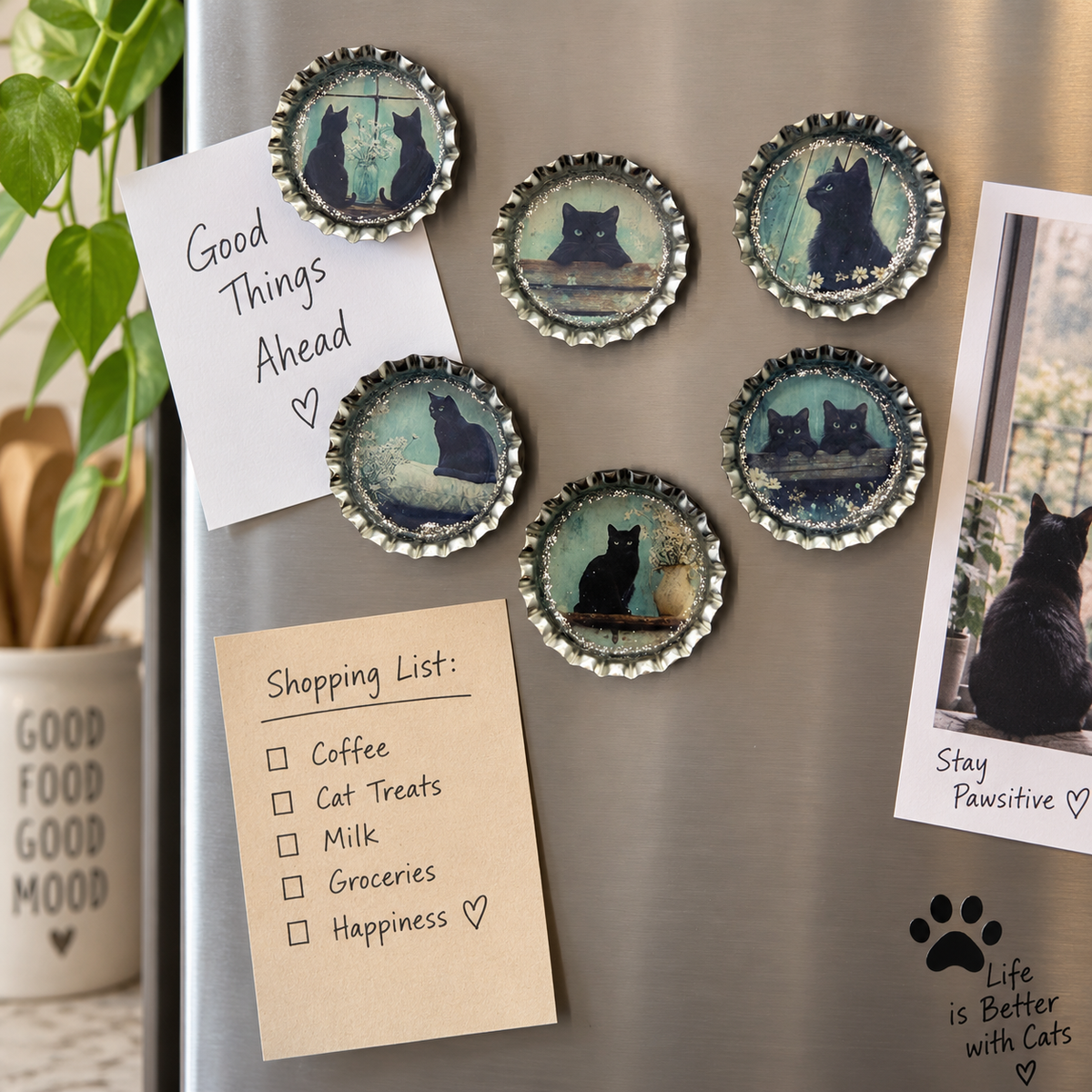 Vintage Black Cat Bottle Cap Magnets