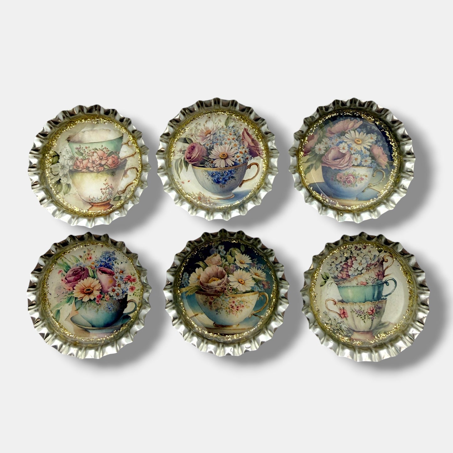 Floral Teacup Bottle Cap Magnet Set