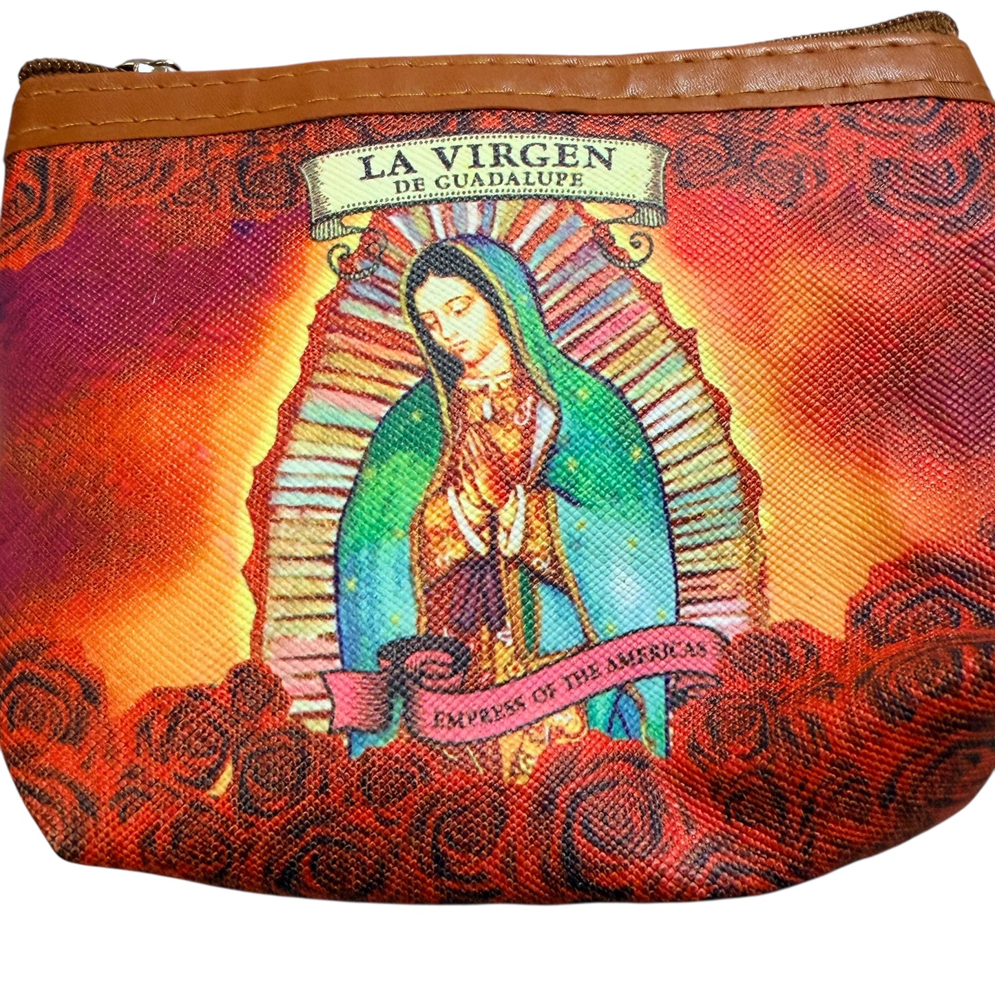 Virgen de Guadalupe Coin Pouch Zip Wallet with Keyring – Red Rose Design
