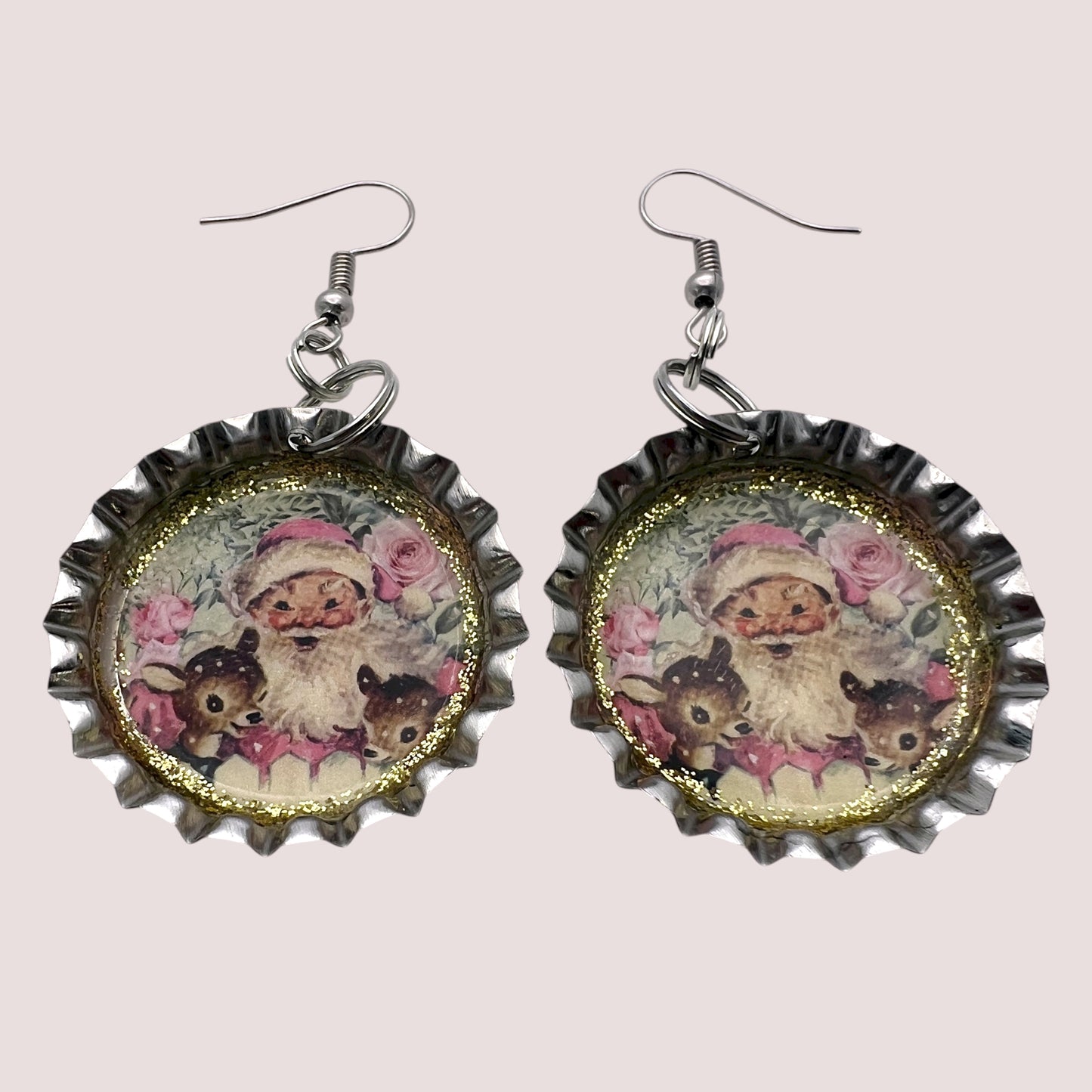 Pink Santa & Reindeer Bottle Cap Earrings