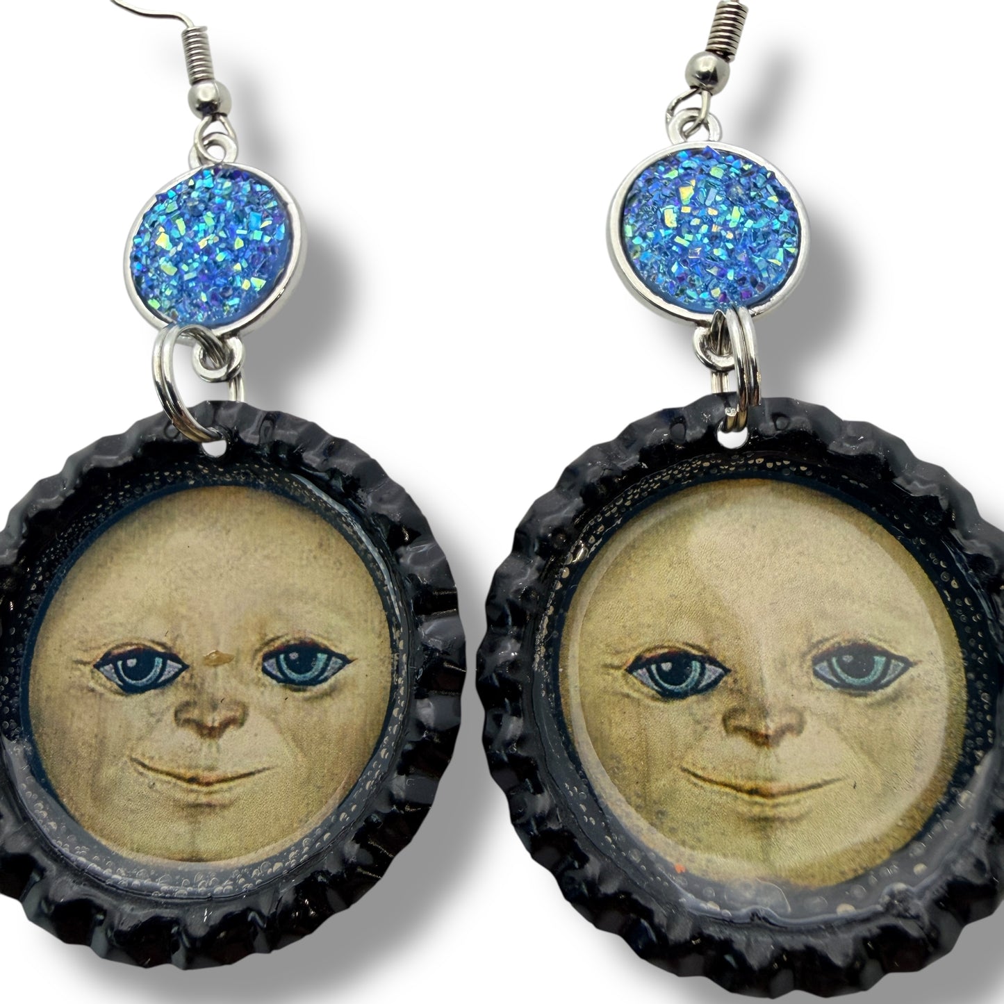 Moon Face Bottle Cap Earrings with Blue Druzy