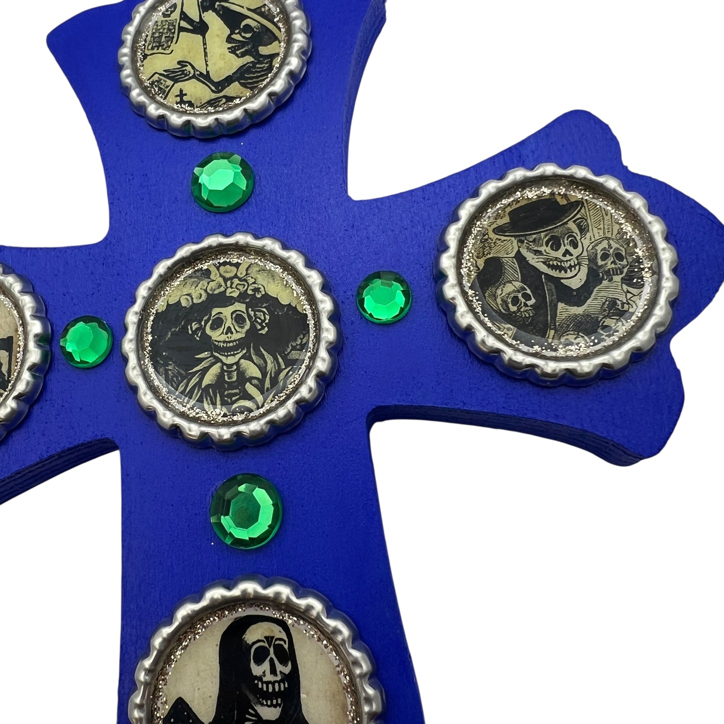 Blue Wooden Cross with Bottle Cap Calavera Art – Día de los Muertos Wall Décor