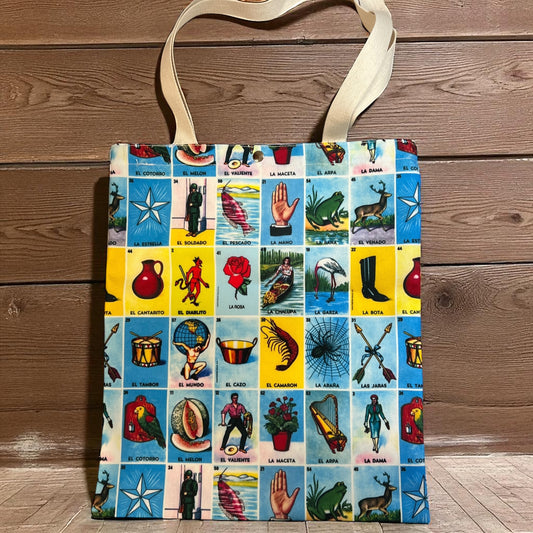 Colorful Lotería Print Tote Bag – Mexican Bingo Game Shoulder Bag 15x13