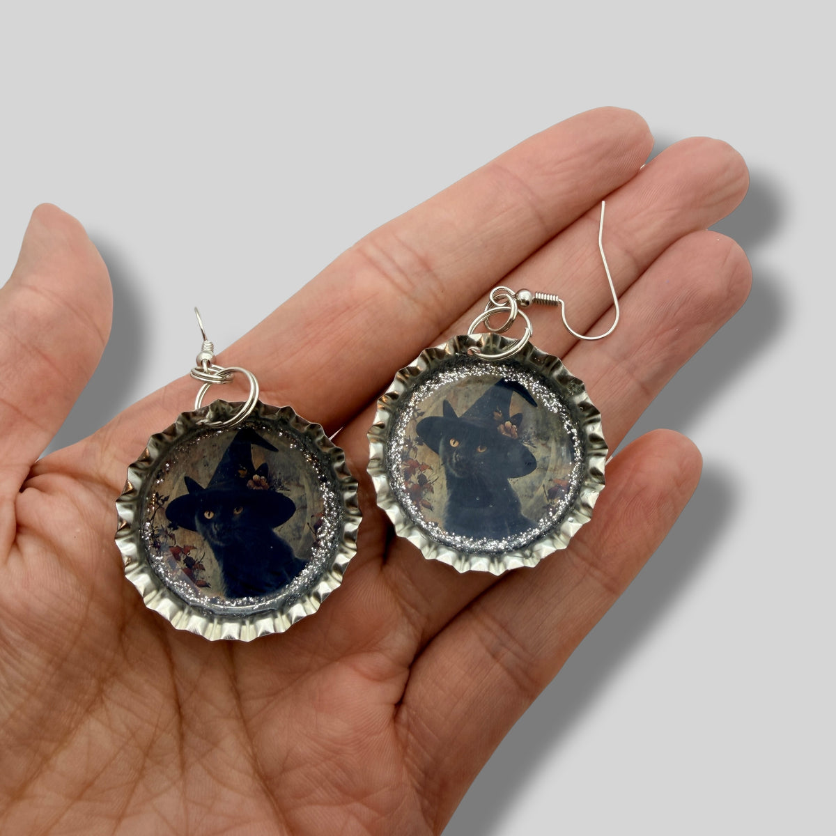 Black Cat Witch Bottle Cap Earrings