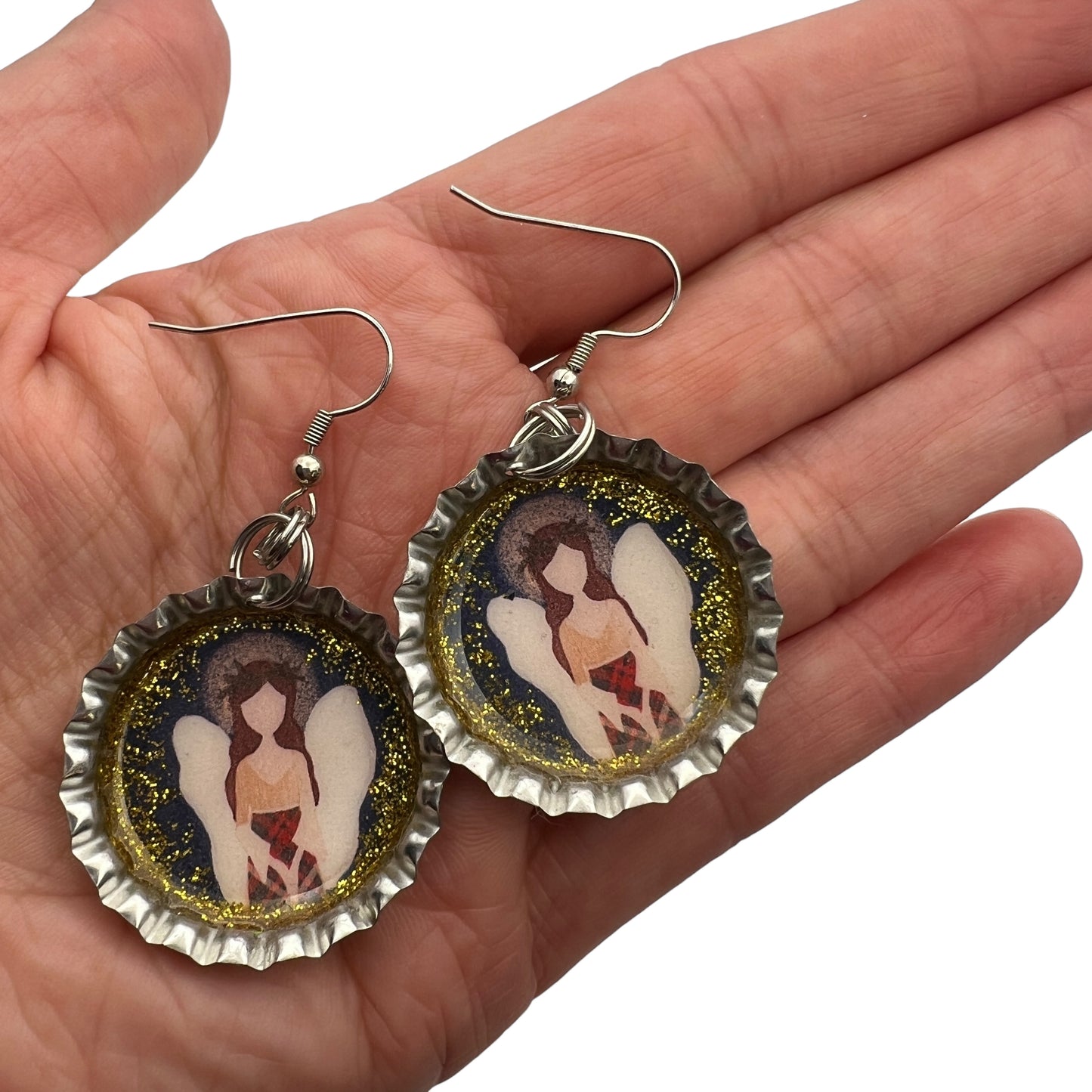 Angel Bottle Cap Earrings – Gold Glitter Resin Guardian Angel Dangle Earrings