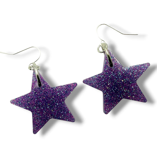 Purple Glitter Resin Star Earrings