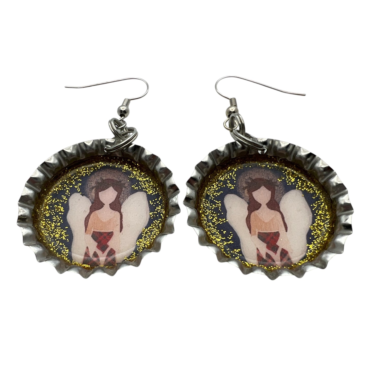 Angel Bottle Cap Earrings – Gold Glitter Resin Guardian Angel Dangle Earrings