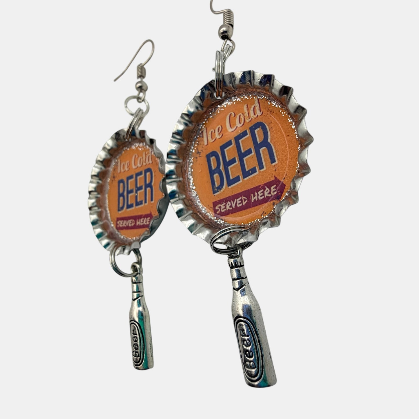 Upcycled Beer Bottle Cap Earrings with Charm