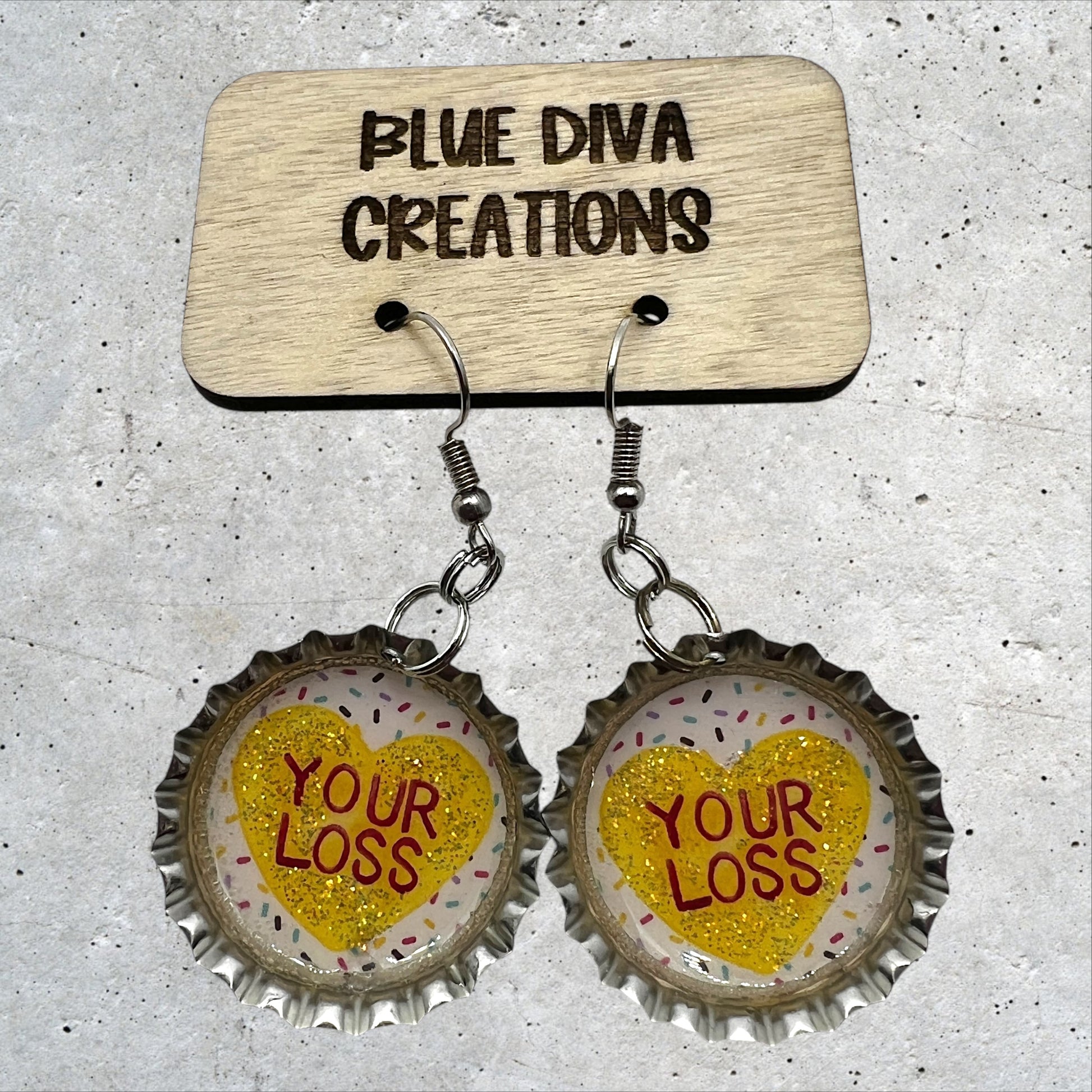 Valentine “Your Loss” Bottle Cap Earrings