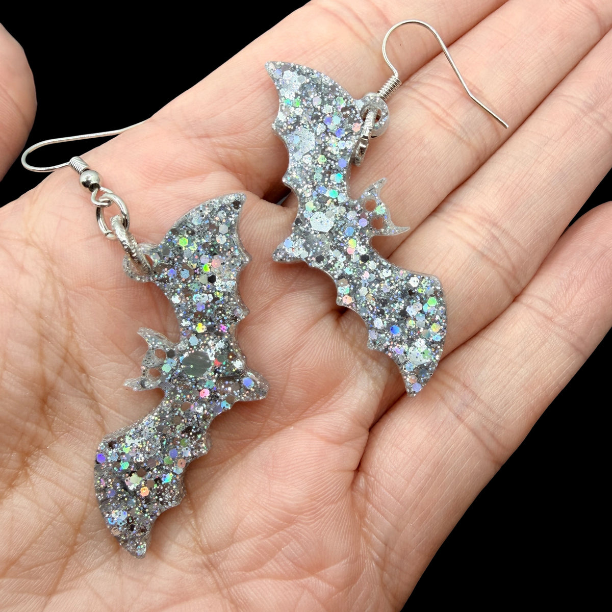 Silver Holographic Glitter Bat Earrings