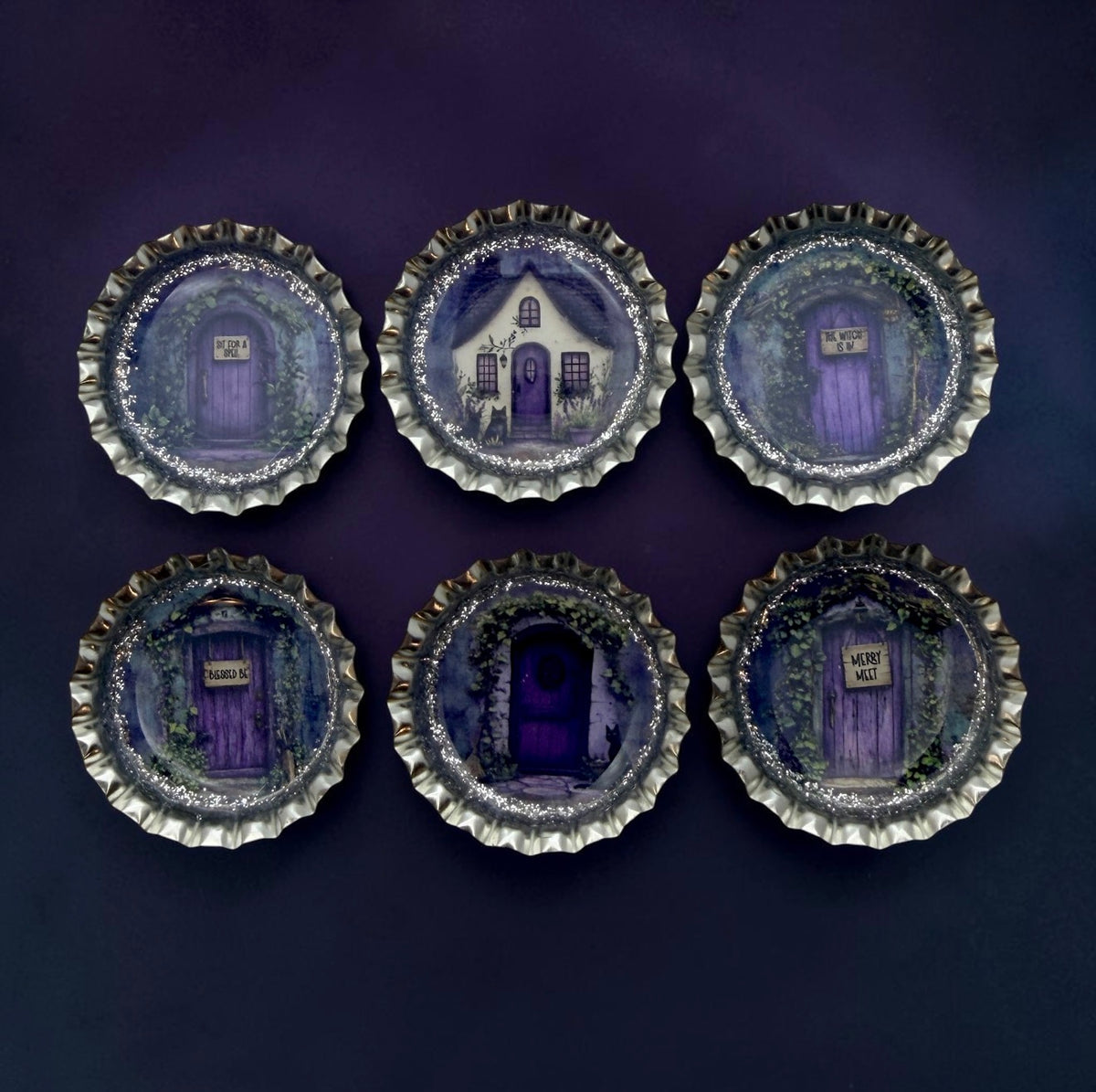 Purple Witch Door Bottle Cap Magnets