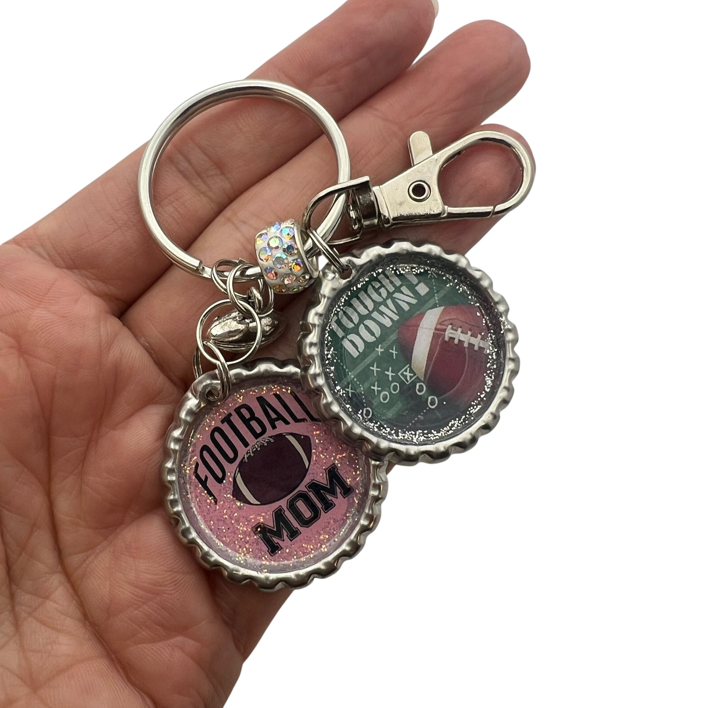 Football Mom & Touchdown Bottle Cap Keychain – Glitter Resin Sports Accessory
