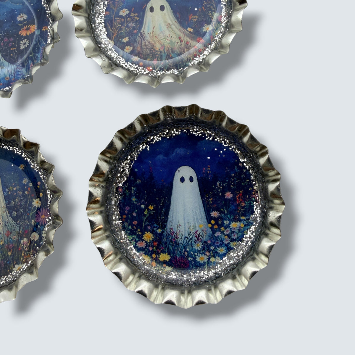 Spooky Floral Ghost Bottle Cap Magnet Set