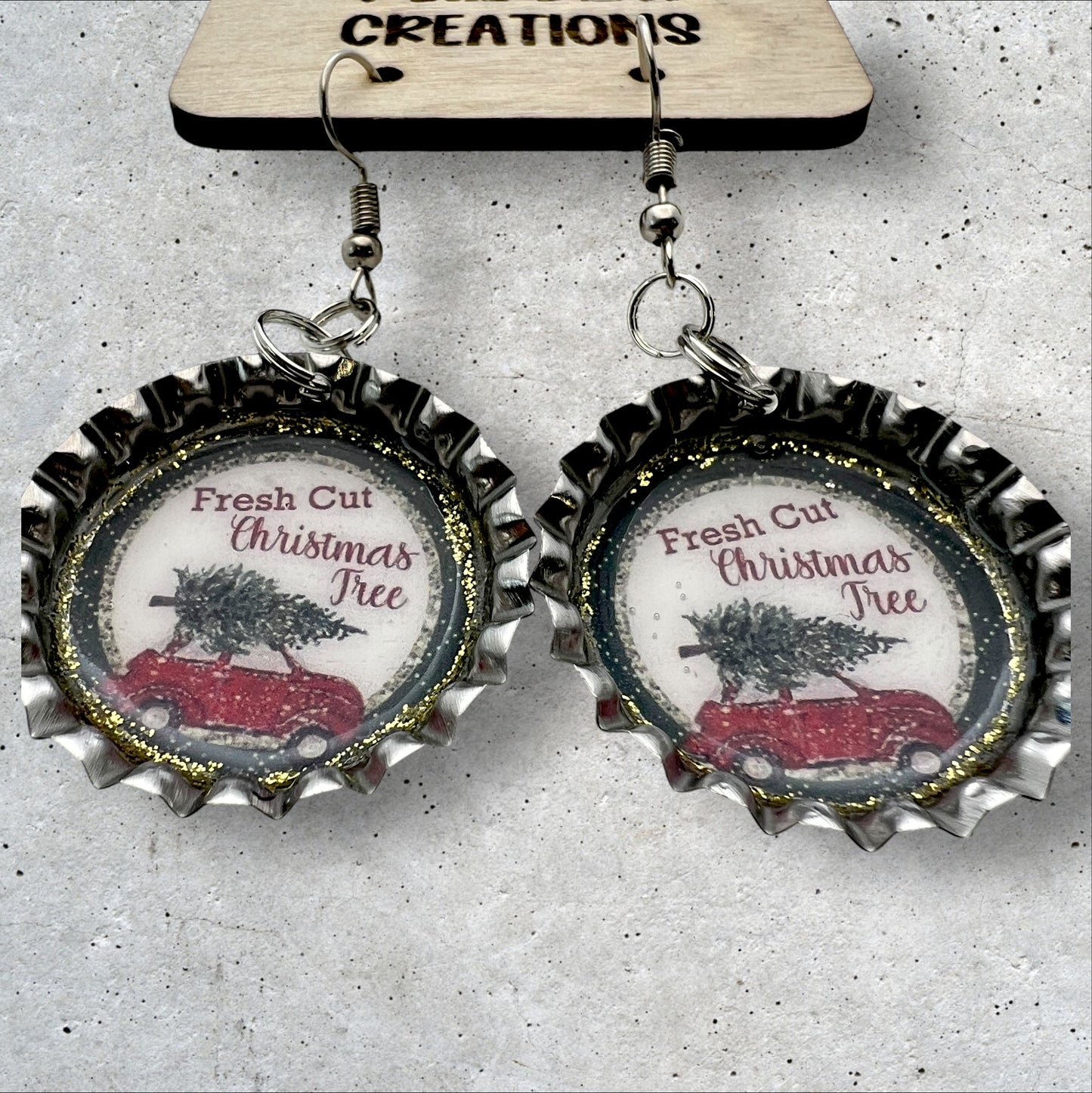 Fresh Cut Christmas Trees Bottle Cap Earrings