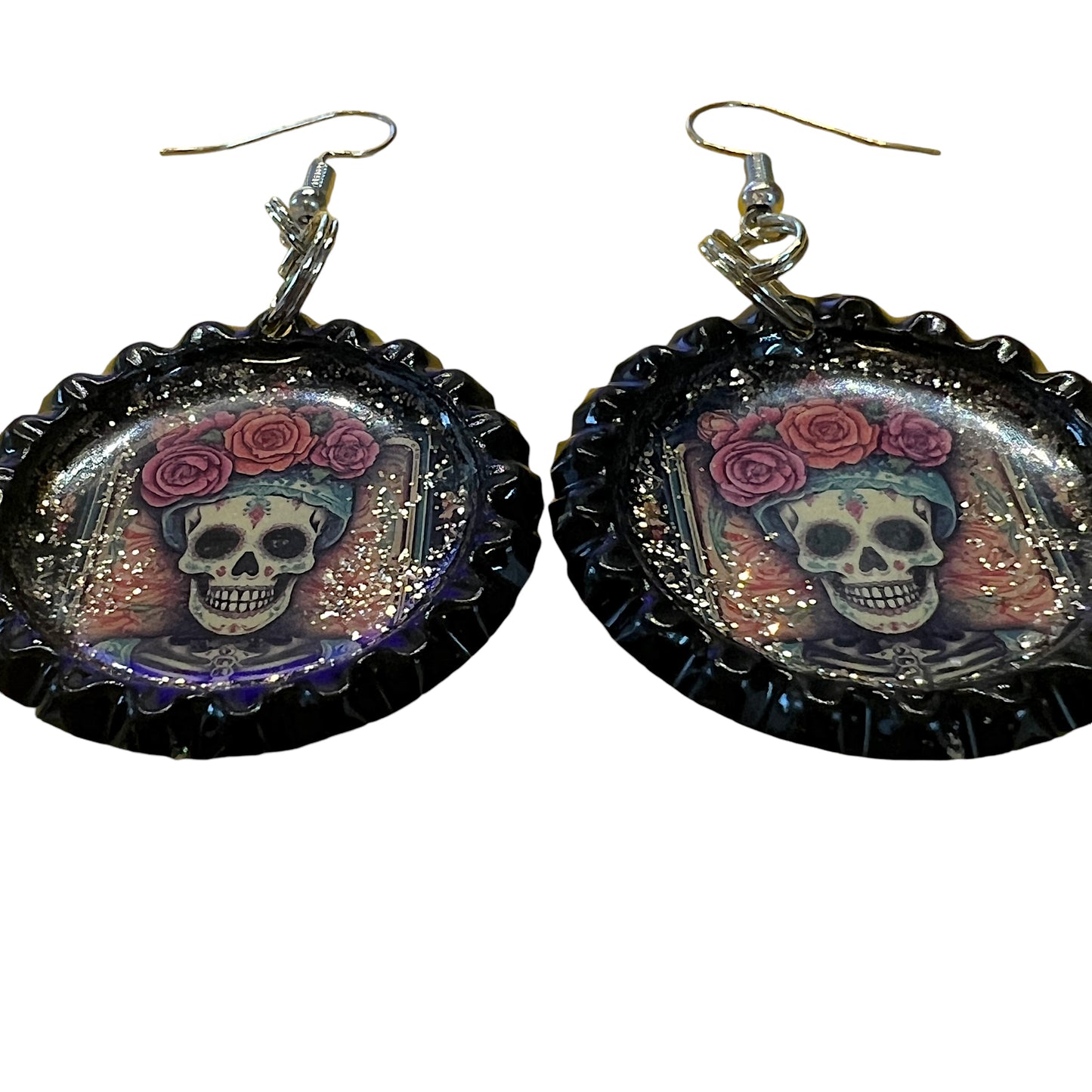 Skull Woman Day of the Dead Muertos Bottle Cap Earrings