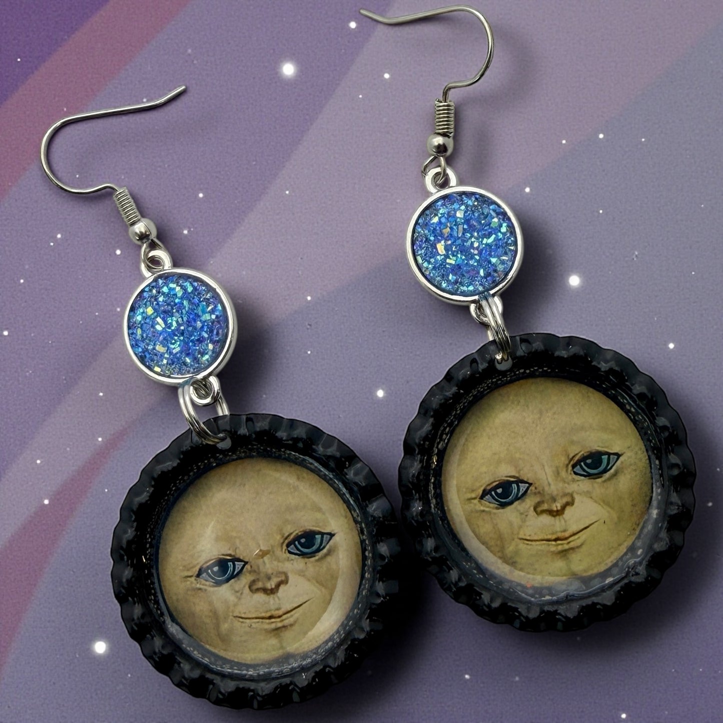 Moon Face Bottle Cap Earrings with Blue Druzy